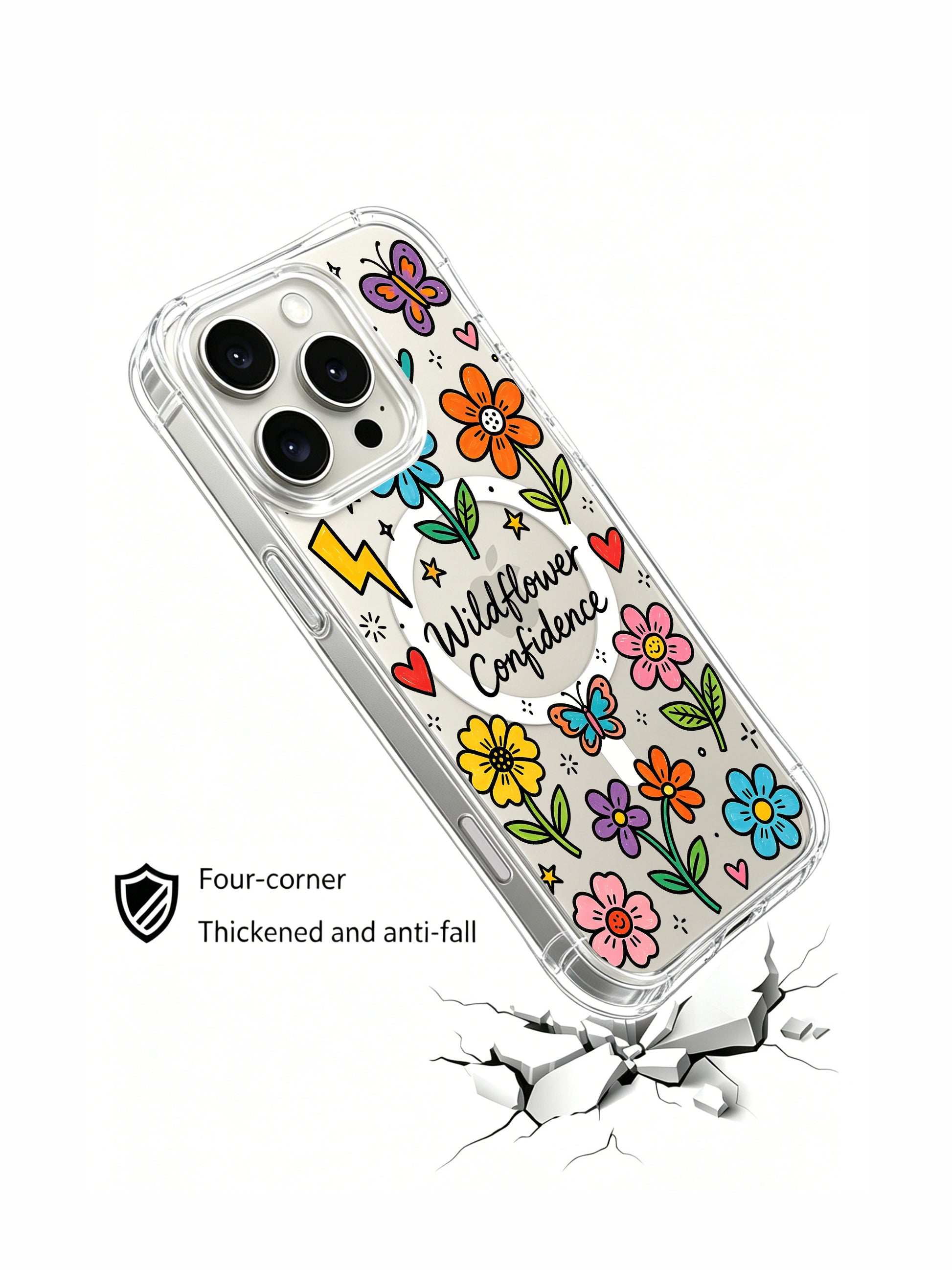 PhoneCasing iPhone 16 Pro Max MagSafe Case - Whimsical Wildflower Print, Shockproof Clear Casing