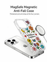 PhoneCasing iPhone 16 Pro Max clear case featuring vibrant wildflower and butterfly print, slim anti-drop MagSafe compatible casing