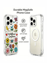 PhoneCasing iPhone 16 Pro Max MagSafe case with Wildflower Confidence art - anti-yellowing clear casing with colorful floral doodles