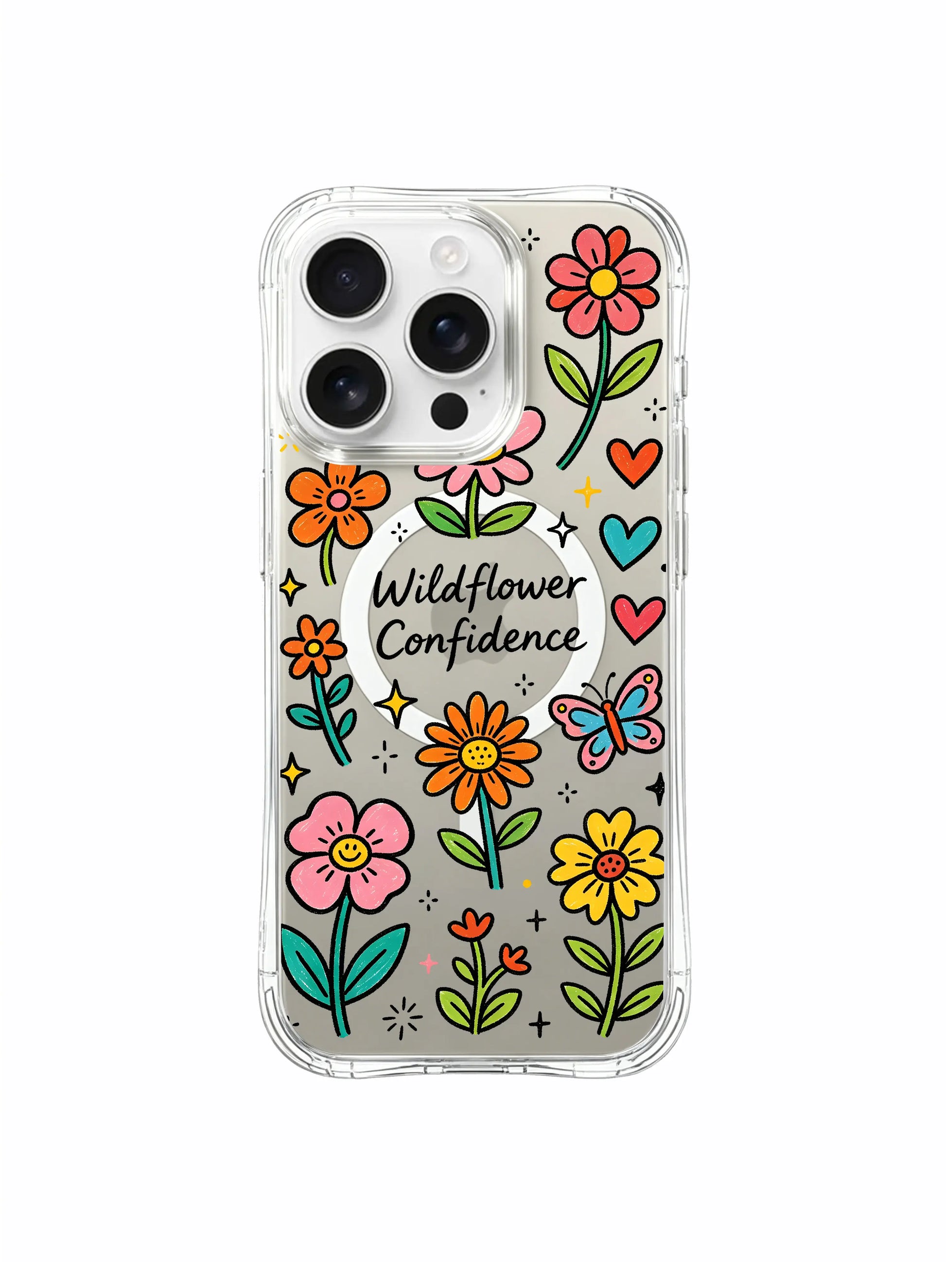 PhoneCasing iPhone 16 Pro Max transparent case with Wildflower Confidence doodles, anti-yellowing protective cover