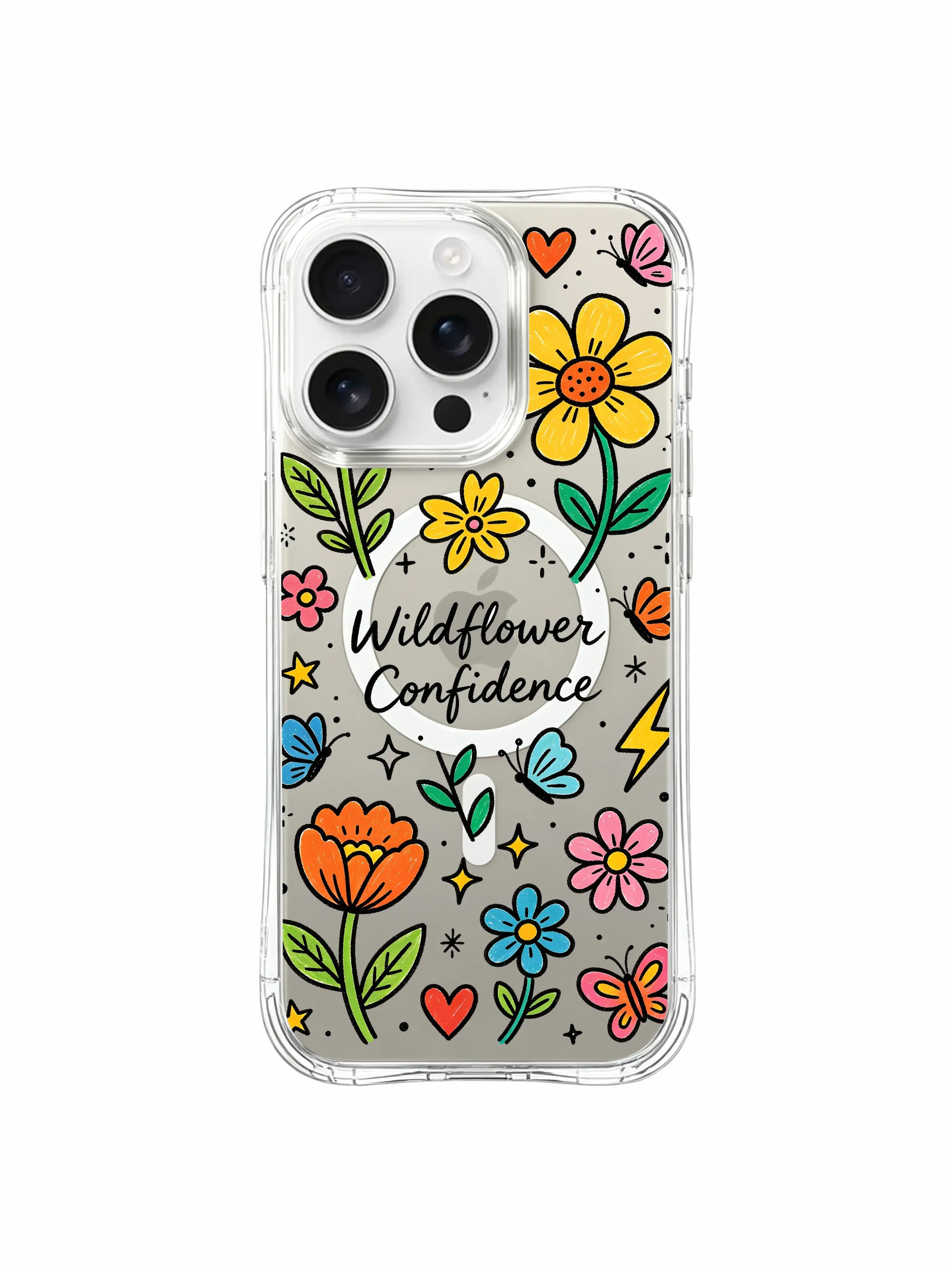 PhoneCasing iPhone 16 Pro Max MagSafe case with hand-drawn Wildflower Confidence art, anti-drop transparent casing
