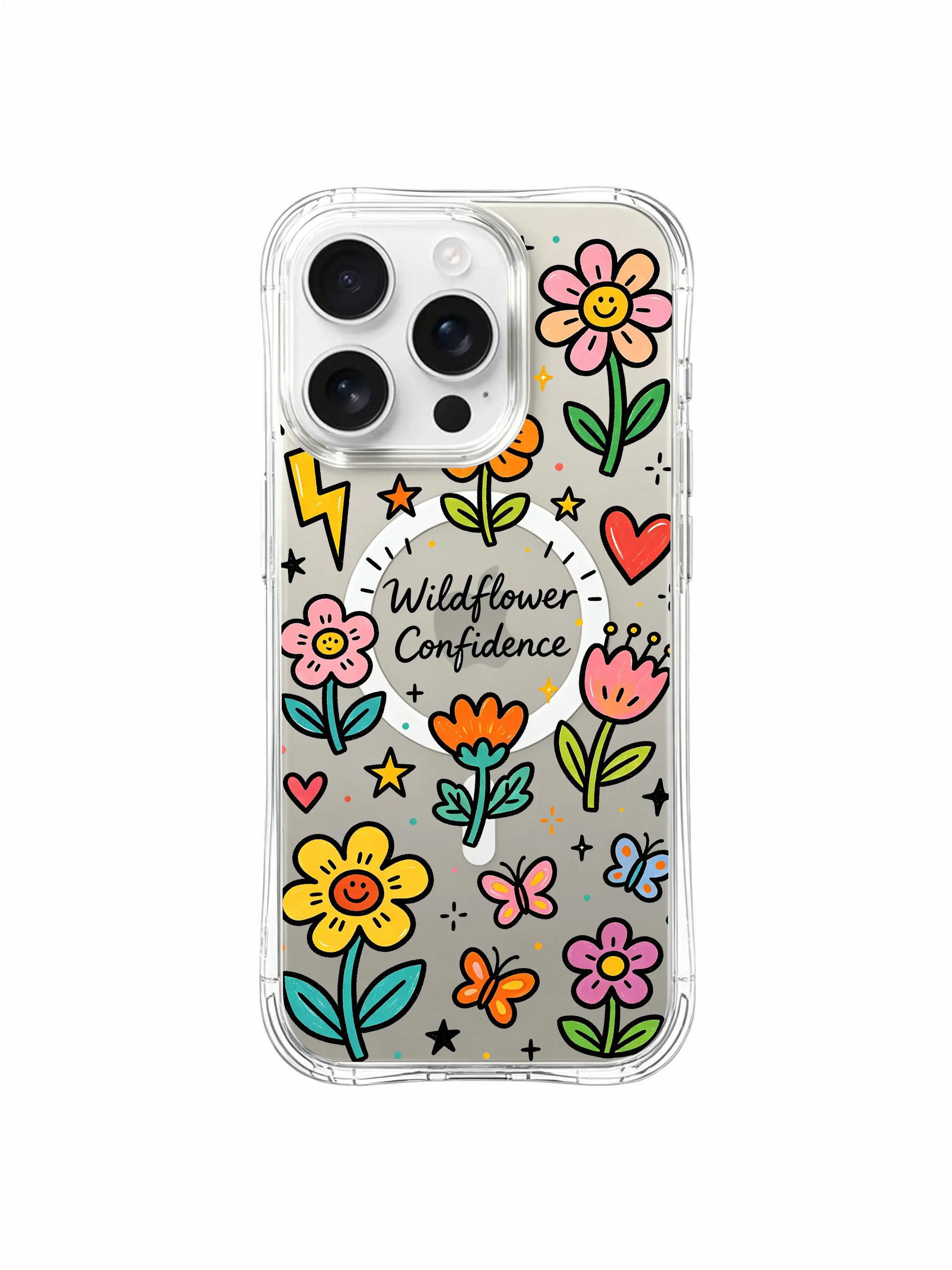 PhoneCasing iPhone 16 Pro Max transparent MagSafe case with Wildflower Confidence design, slim protective cover