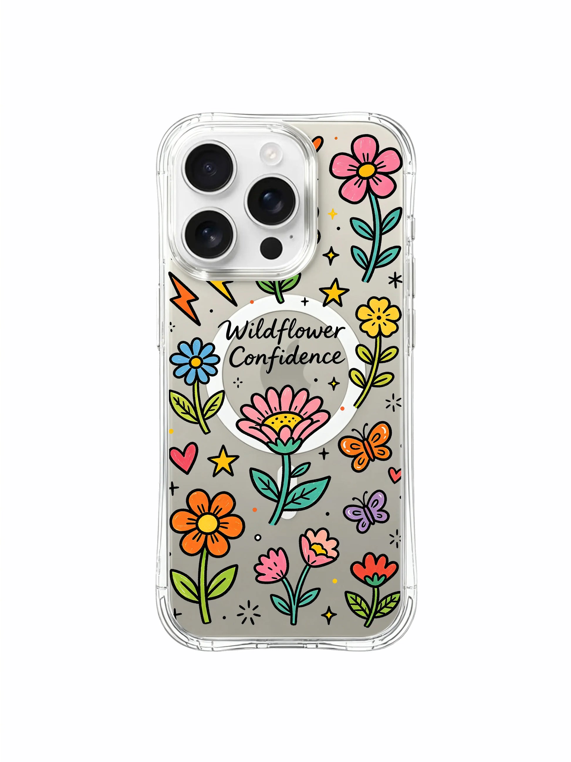 PhoneCasing iPhone 16 Pro Max anti-yellowing clear case with wildflower doodles, vibrant MagSafe compatible casing