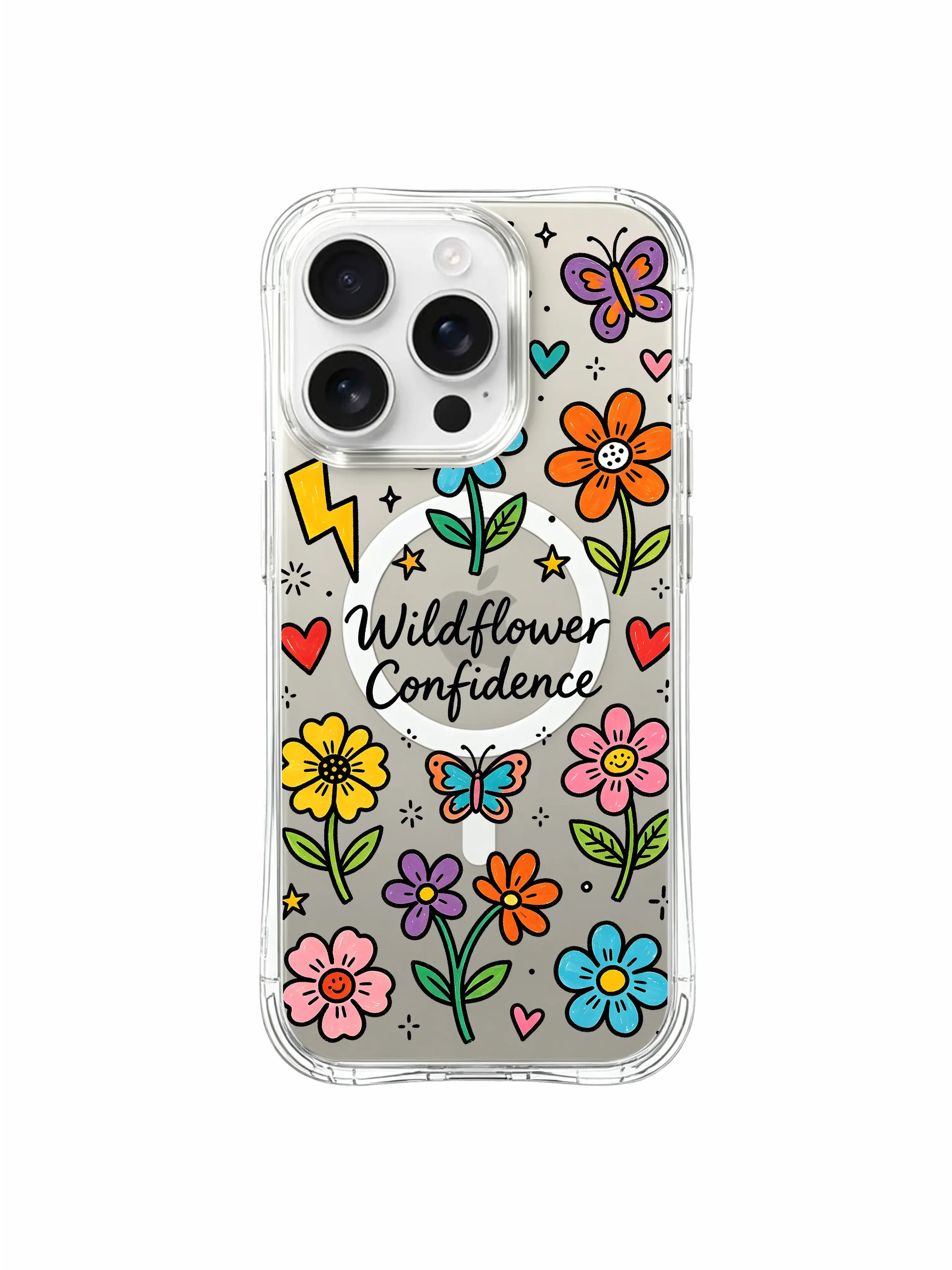 PhoneCasing iPhone 16 Pro Max slim clear case featuring hand-drawn wildflower pattern, shock-absorbent protective cover
