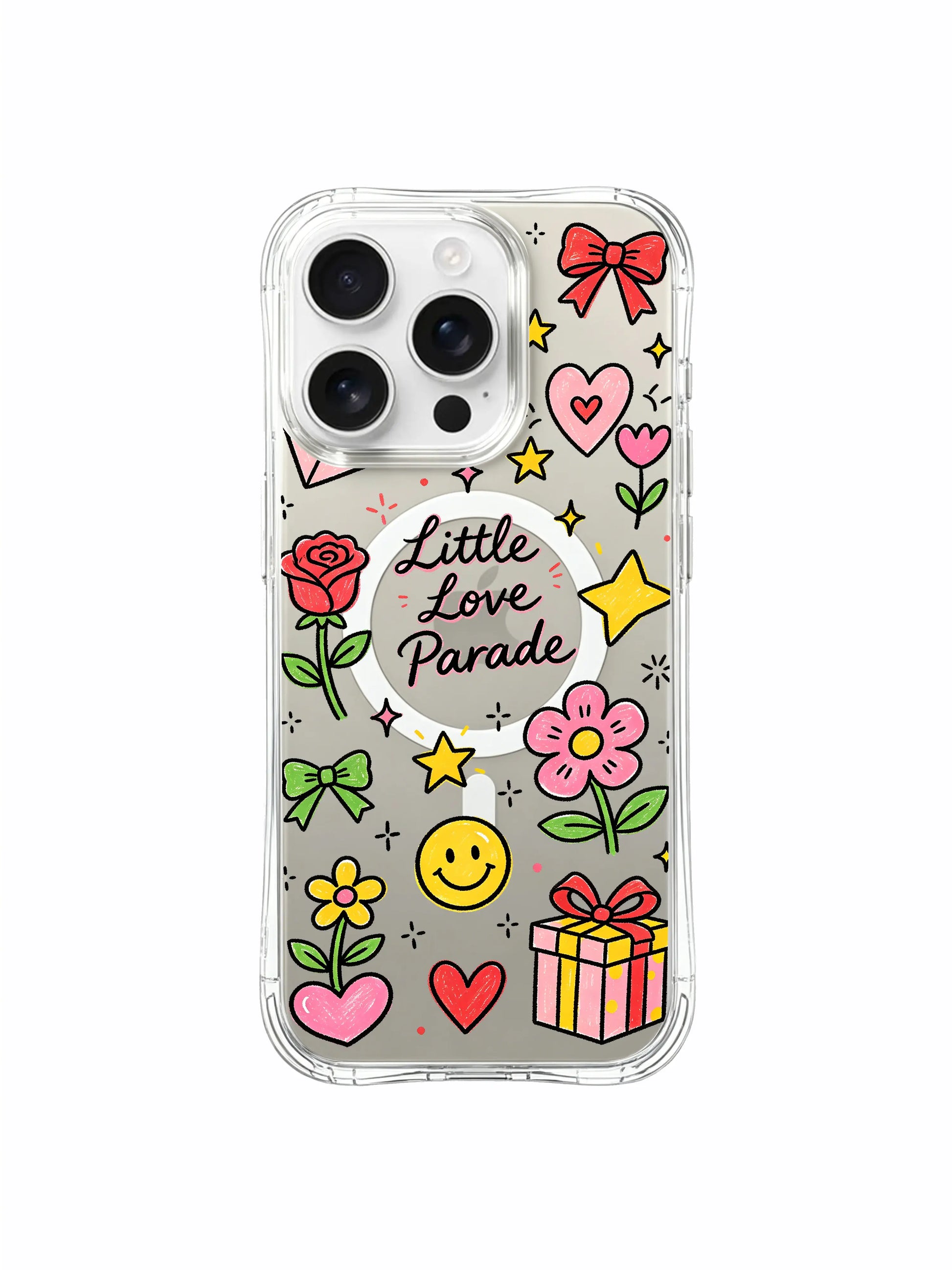 PhoneCasing iPhone 16 Pro Max wireless charging compatible MagSafe casing, soft Little Love Parade pastel love doodle pattern