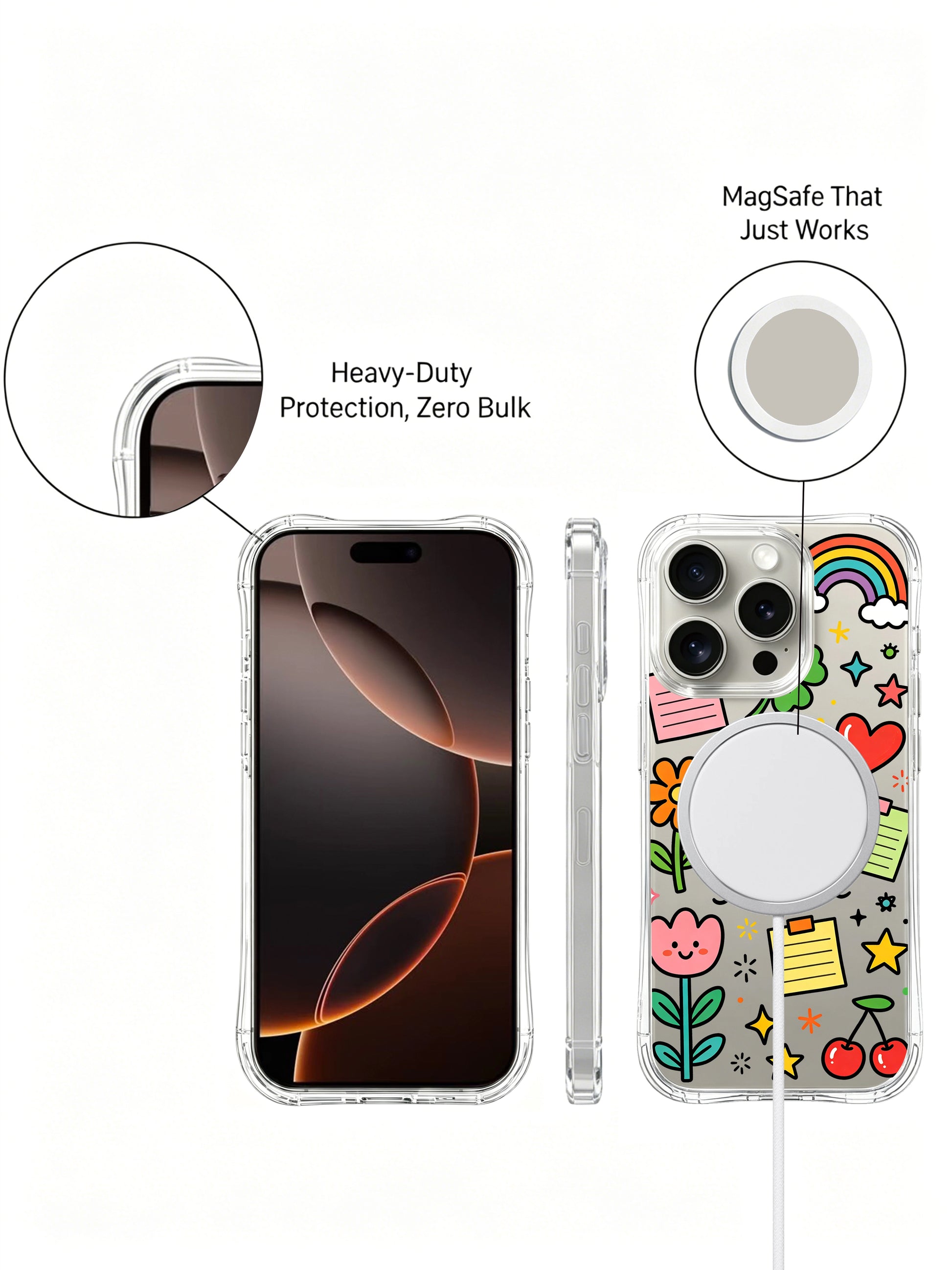 PhoneCasing iPhone 16 Pro Max wireless charging compatible MagSafe clear casing, soft playful Make Your Own Sunshine positive doodle pattern ideal for teens and optimistic young adults