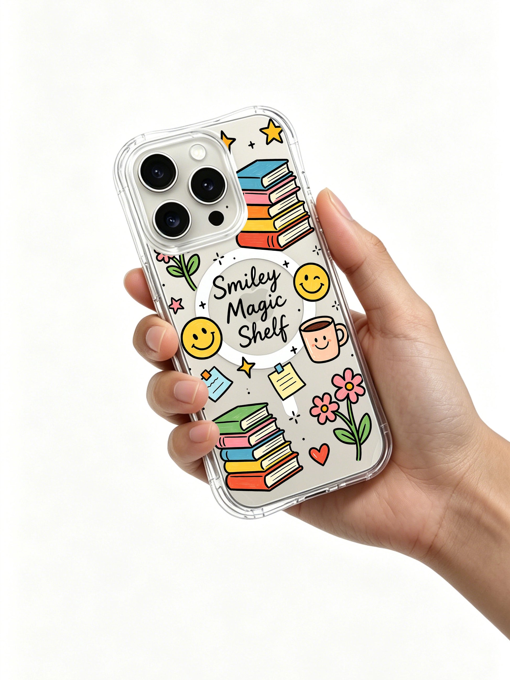 PhoneCasing iPhone 16 Pro Max wireless charging compatible MagSafe clear casing, soft gentle Smiley Magic Shelf reading doodle pattern ideal for students and bookish women