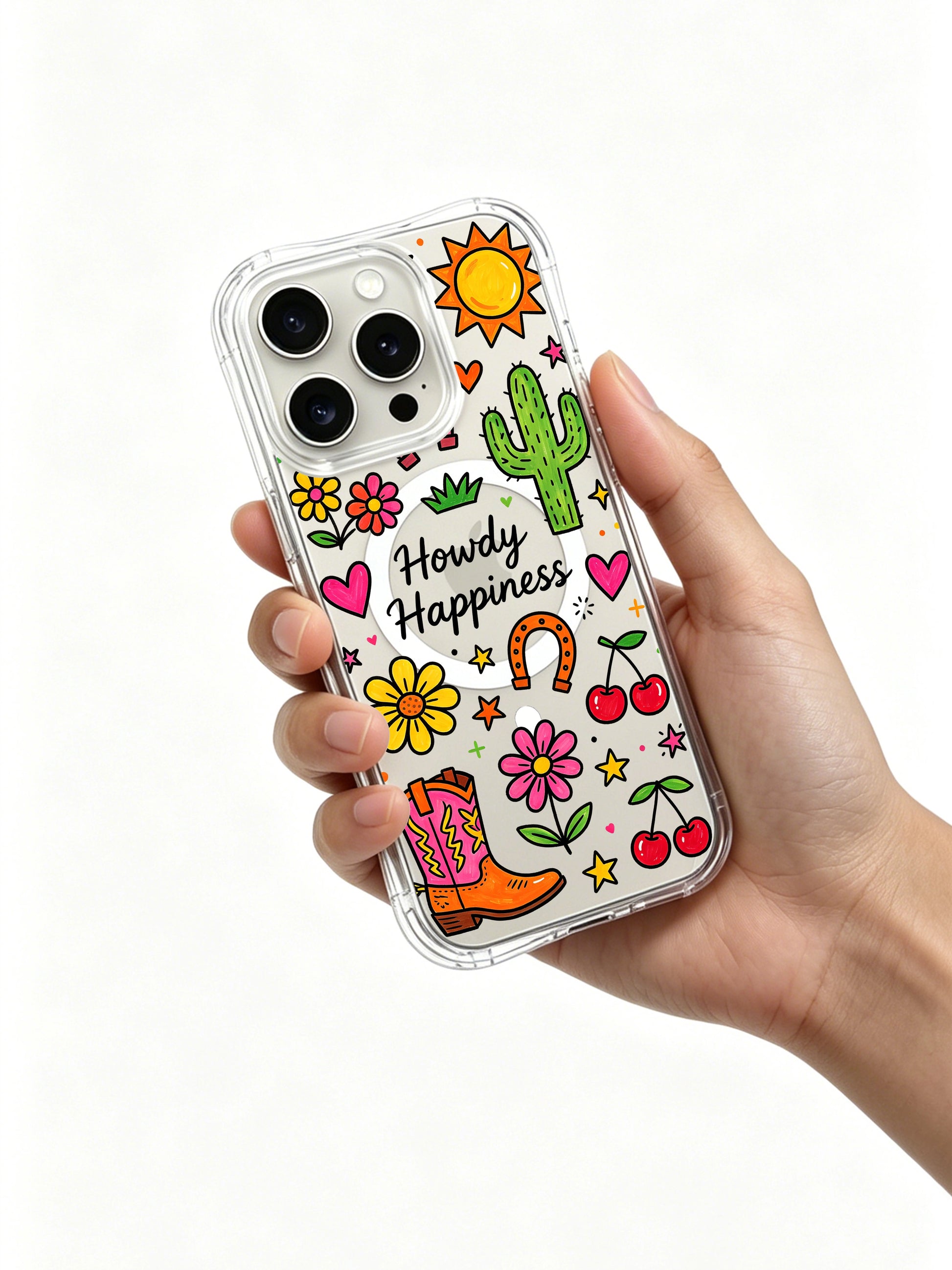PhoneCasing iPhone 16 Pro Max wireless charging compatible MagSafe clear casing, soft playful Howdy Happiness desert western doodle pattern for women