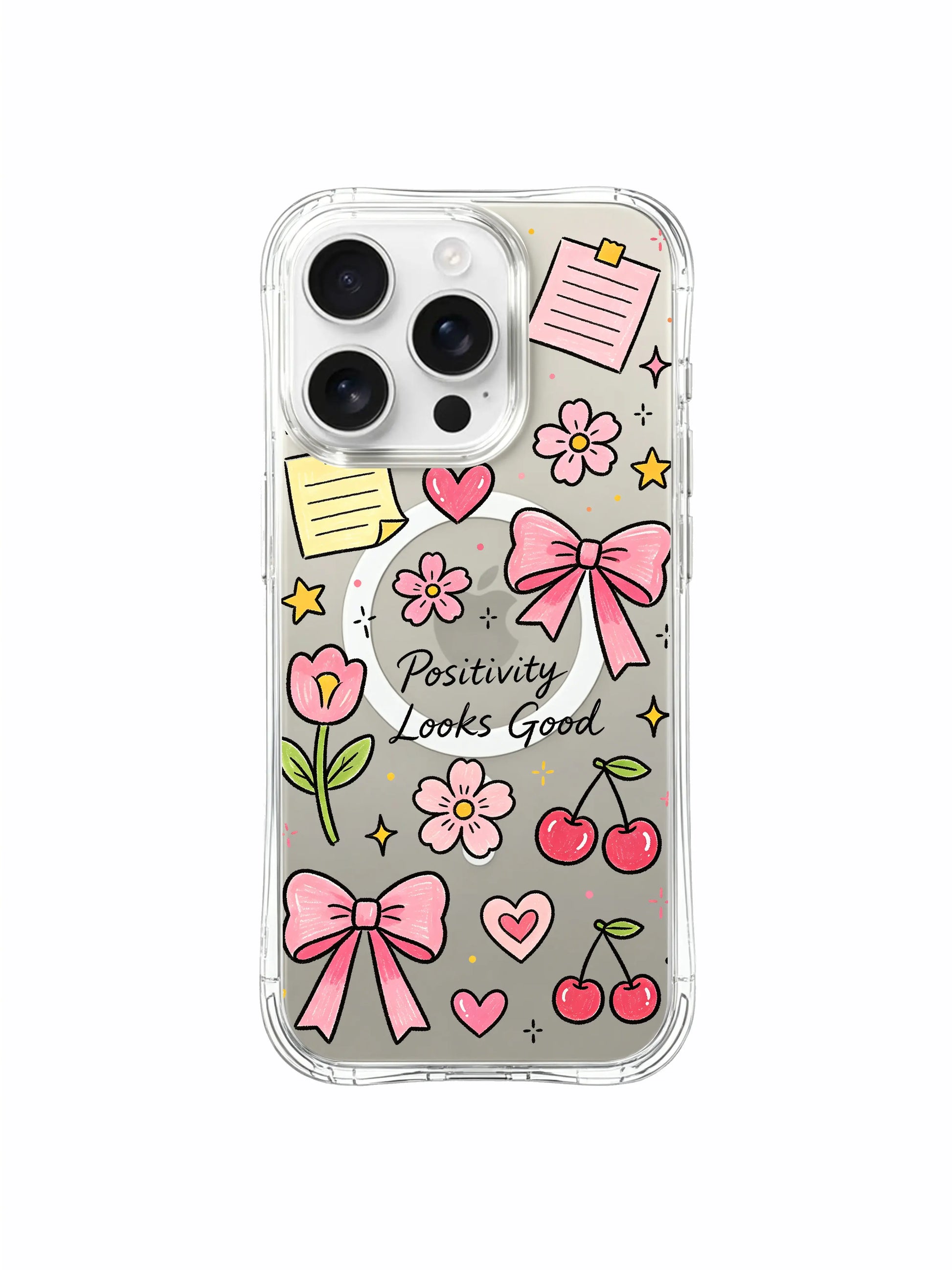 PhoneCasing iPhone 16 Pro Max MagSafe Case - Whimsical Positivity Note & Bow Print, Anti-Fall