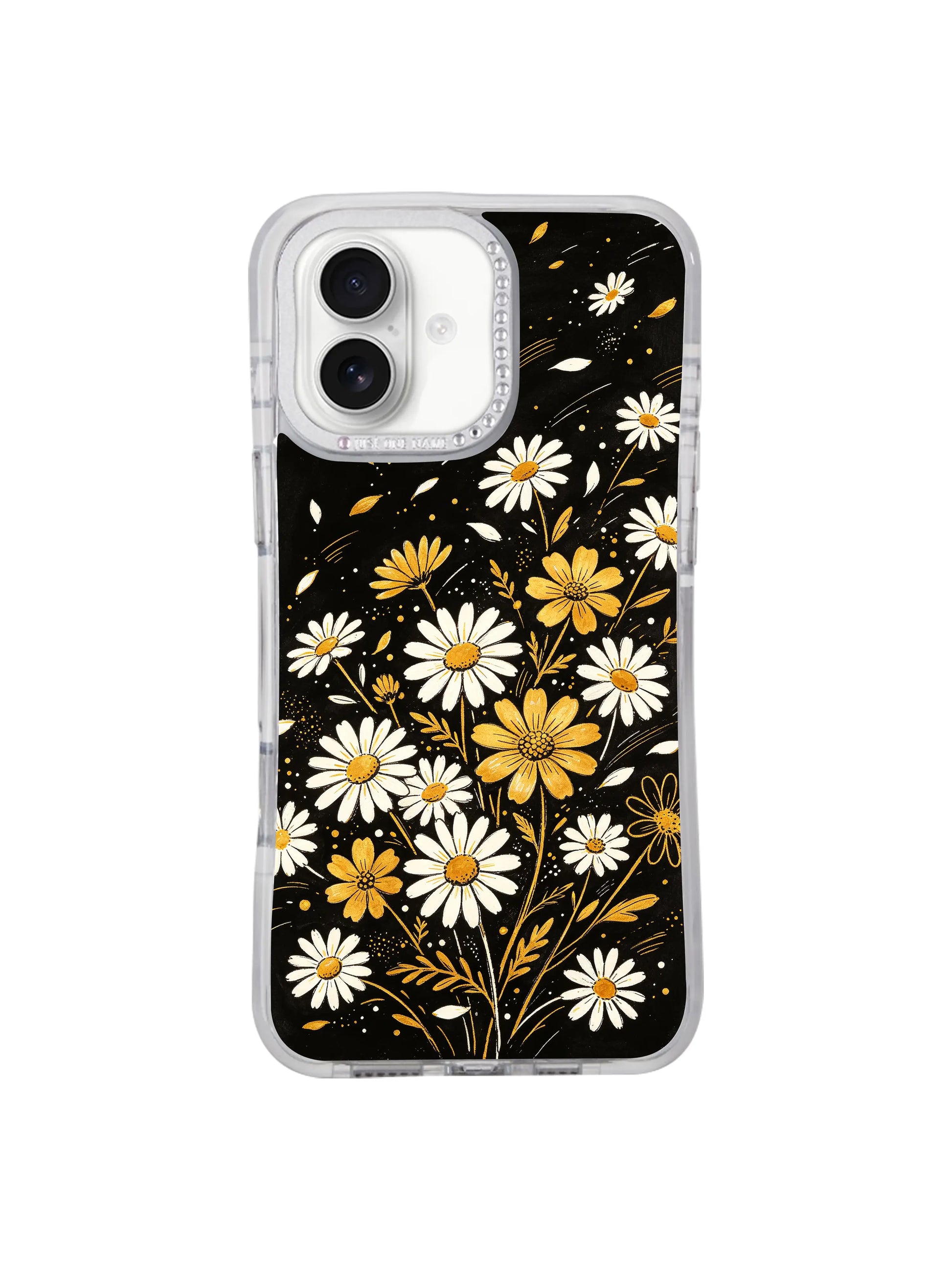 3/4 angled MagSafe compatible Night Bloom Dots iPhone 17 casing, fade-resistant archival ink night glow daisy print durable PhoneCasing protective case for iPhone 17.