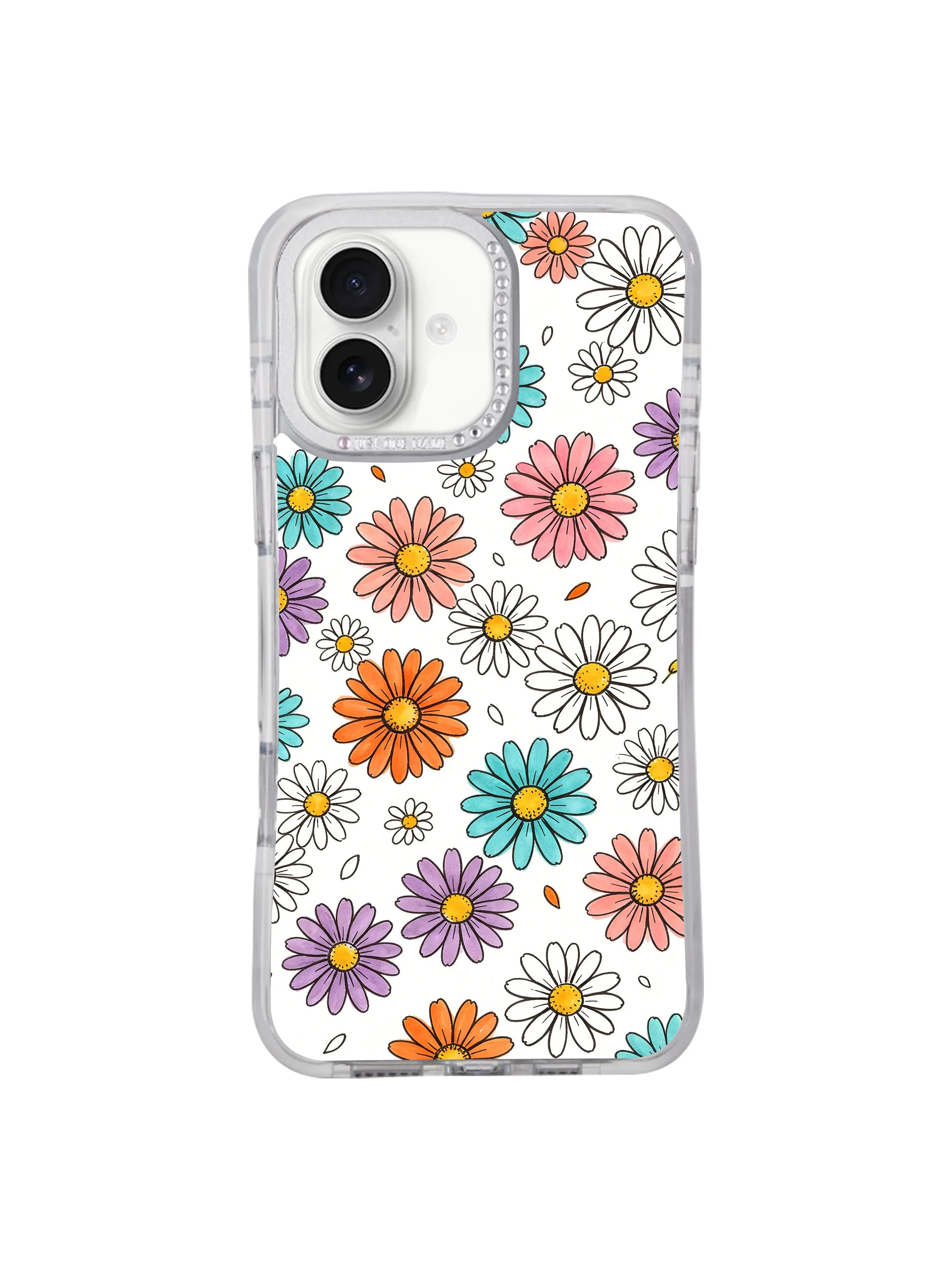 3/4 angled MagSafe compatible Color Daisy Rain iPhone 17 casing, fade-resistant archival watercolor ink floating rainbow daisy print durable PhoneCasing protective case for iPhone 17.