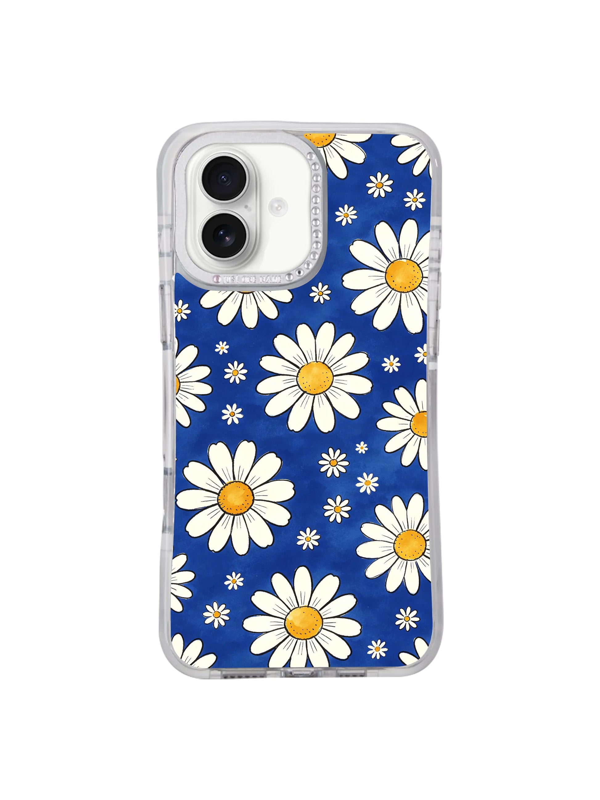Full flat lay seamless alternating big and small daisy pattern iPhone 17 casing by PhoneCasing, balanced rhythmic floral layout with warm vintage yellow centers lightweight cover built for iPhone 17.