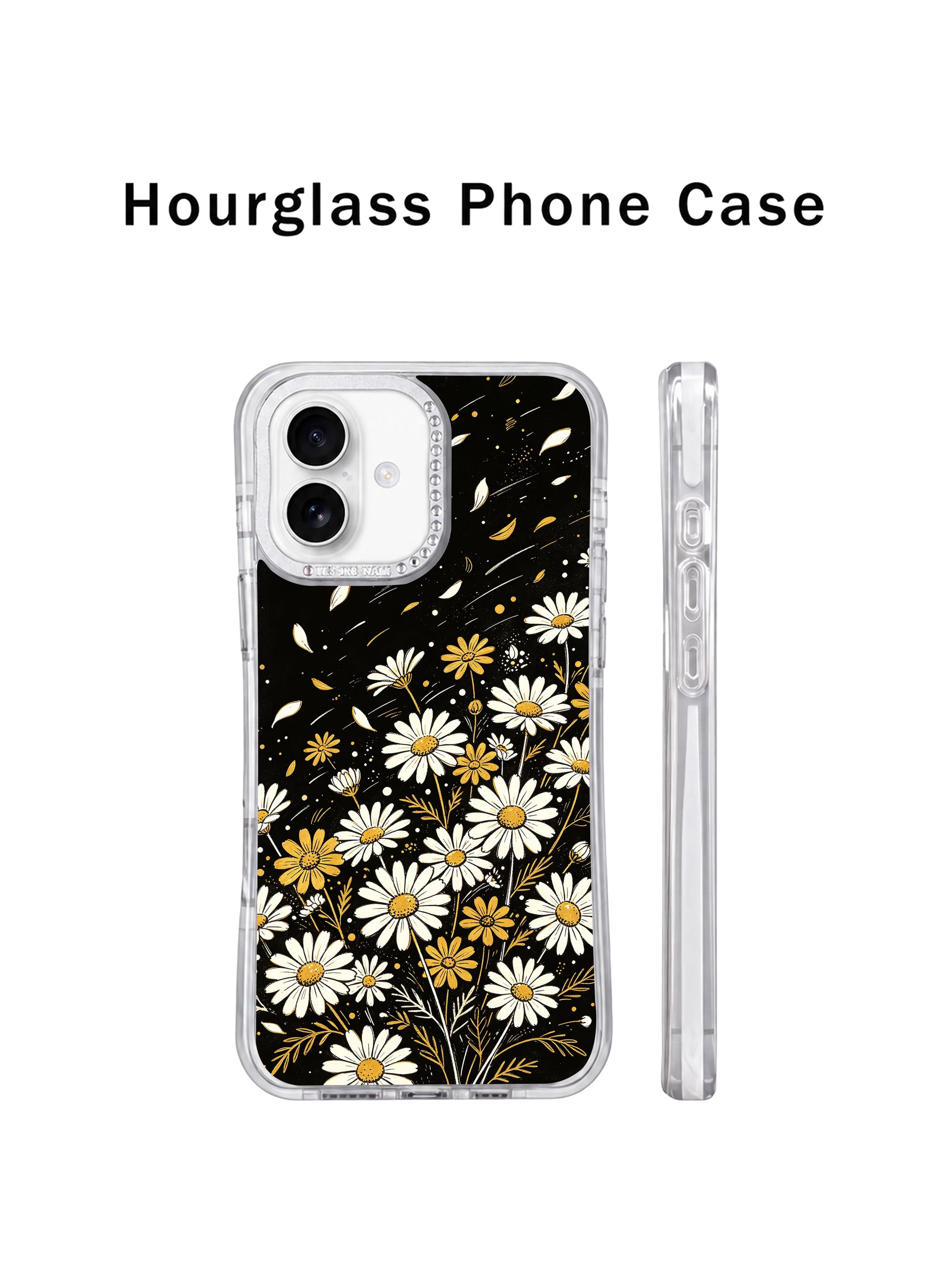 Macro closeup matte black grain texture with glowing golden dot accents of Night Bloom Dots iPhone 17 casing, organic loose daisy illustration exclusive wearable art from PhoneCasing for iPhone 17 users.