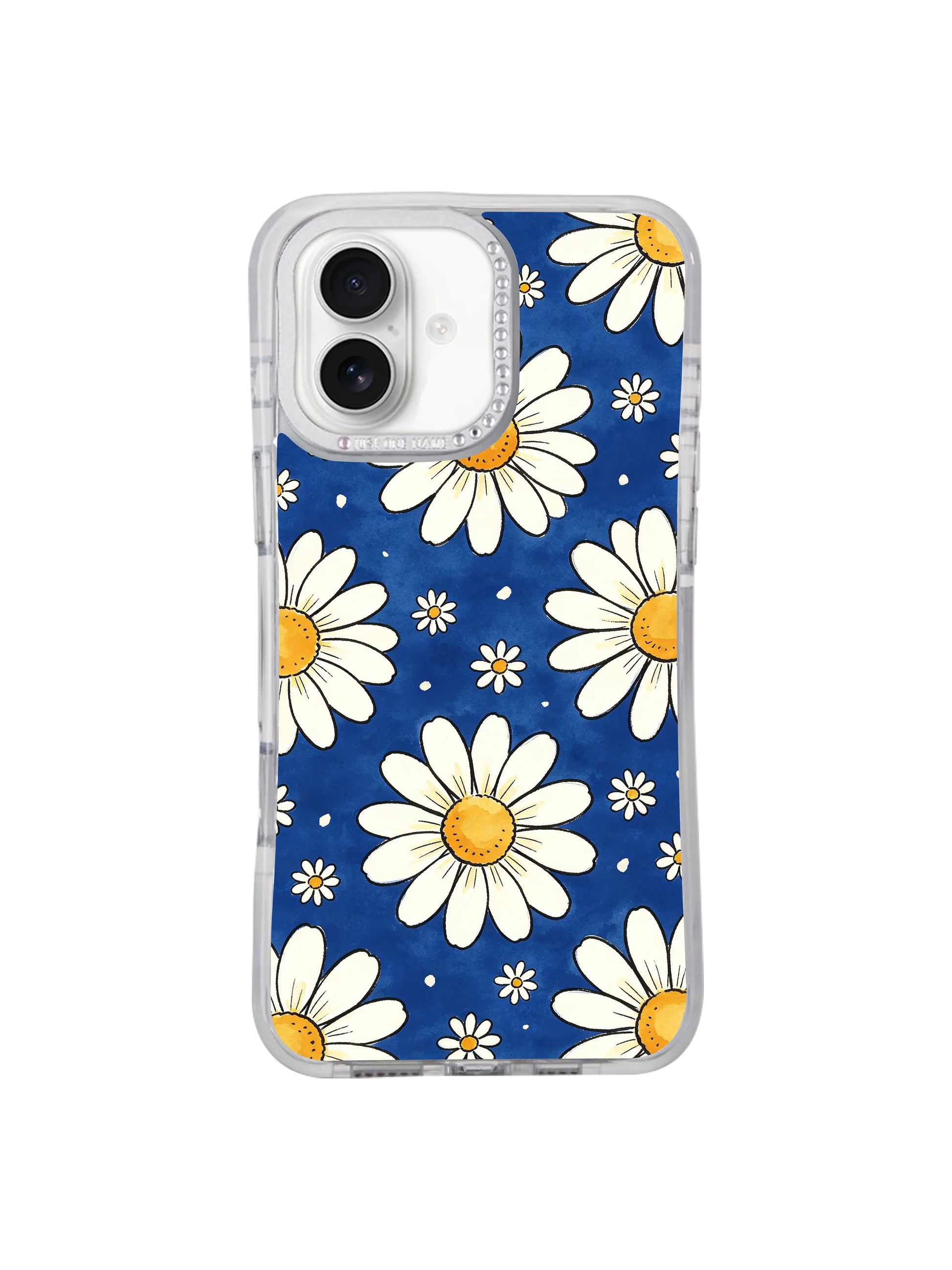 Blue Big Small Daisy Rhythm hand-drawn floral iPhone 17 casing from PhoneCasing, alternating large & tiny daisy rhythmic print on rich sapphire blue backdrop, original Solea Meadow upbeat casual artwork hero shot for iPhone 17.