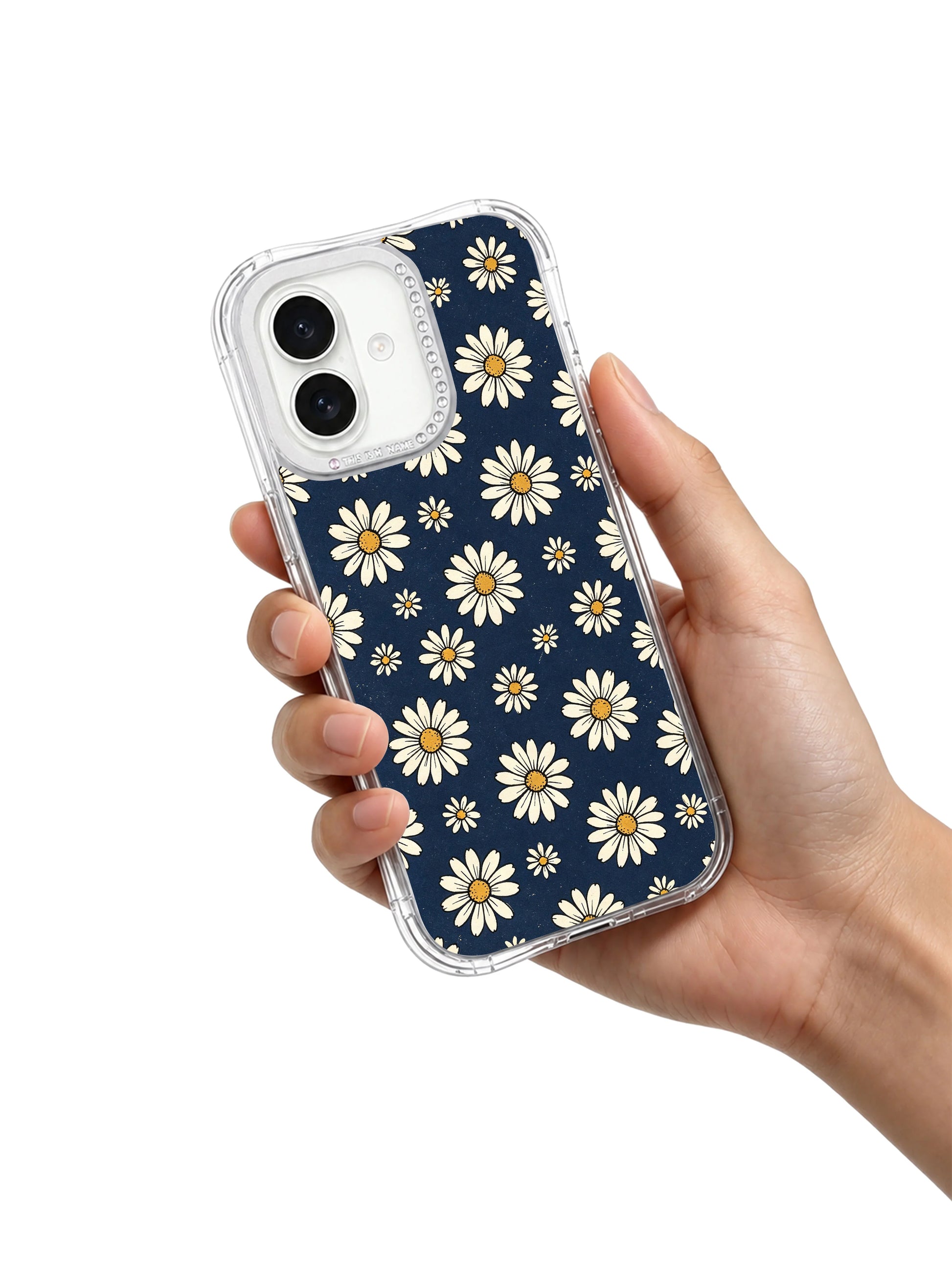 California locally printed limited Solea Meadow Retro Navy Daisy Wallpaper iPhone 17 casing, timeless vintage wearable fine art premium PhoneCasing cover for iPhone 17.