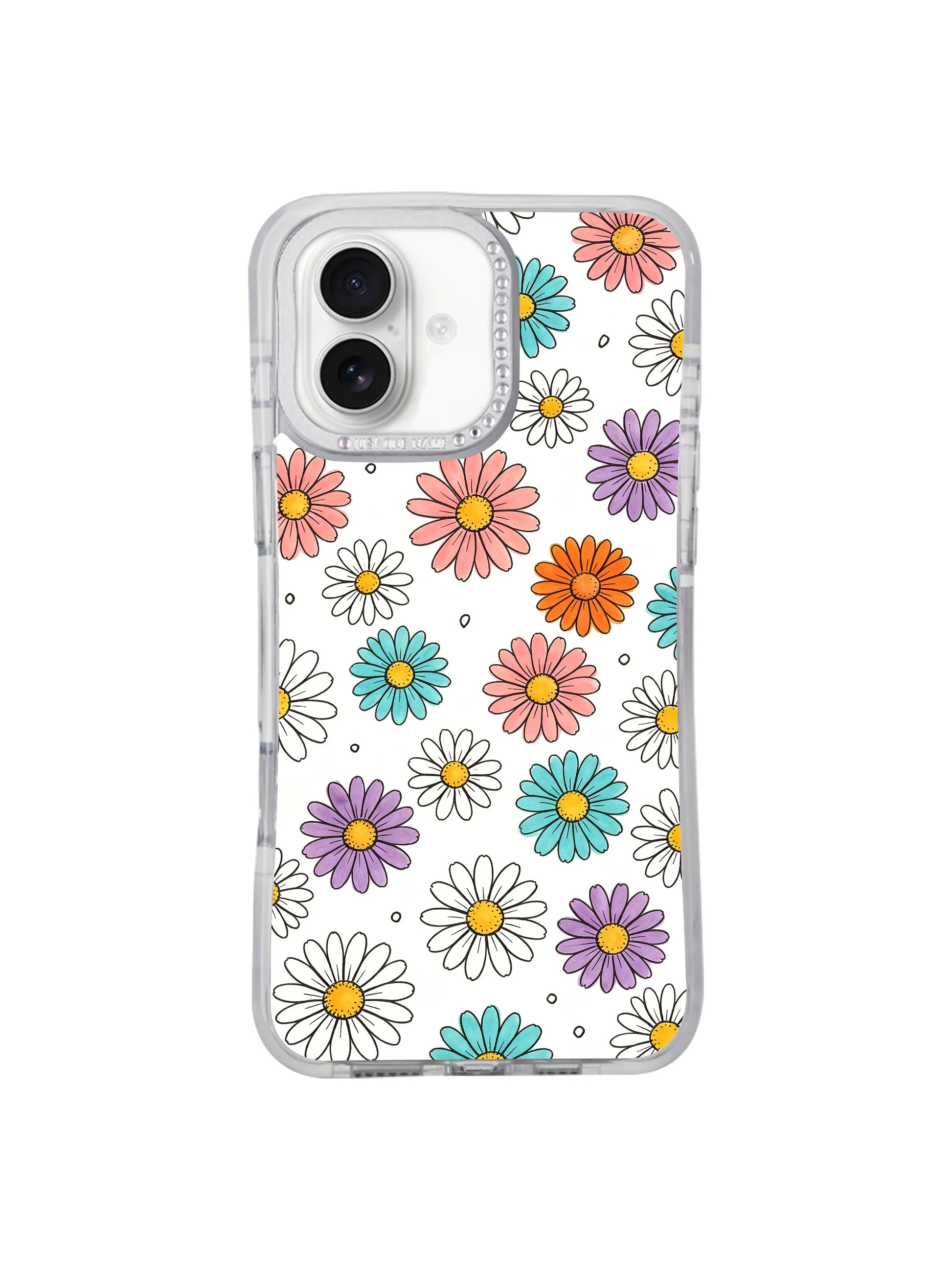 Urban casual street lifestyle handheld model shot Color Daisy Rain iPhone 17 casing from PhoneCasing, light carefree floating colorful daisy women’s everyday accessory designed for all-day iPhone 17 carry.