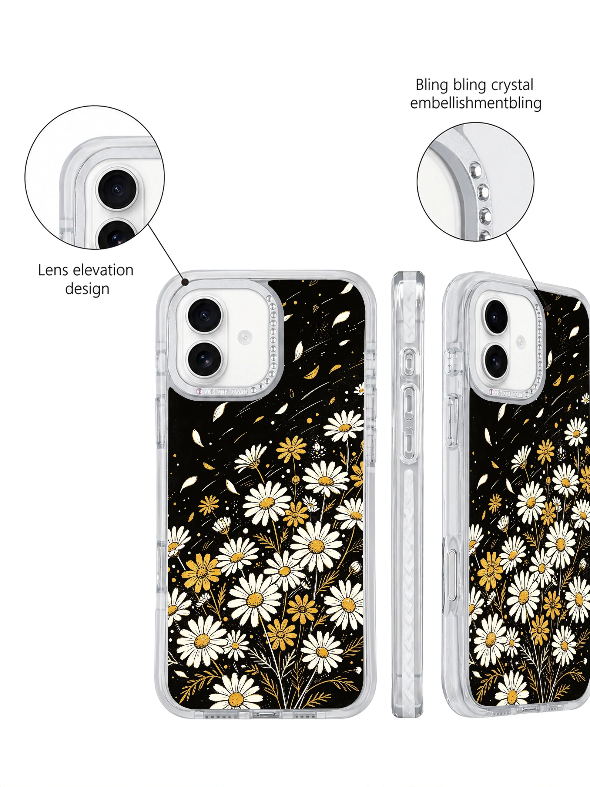 Urban street lifestyle handheld model shot Night Bloom Dots iPhone 17 casing from PhoneCasing, sleek mysterious daisy women’s night out daily accessory designed for all-day iPhone 17 carry.