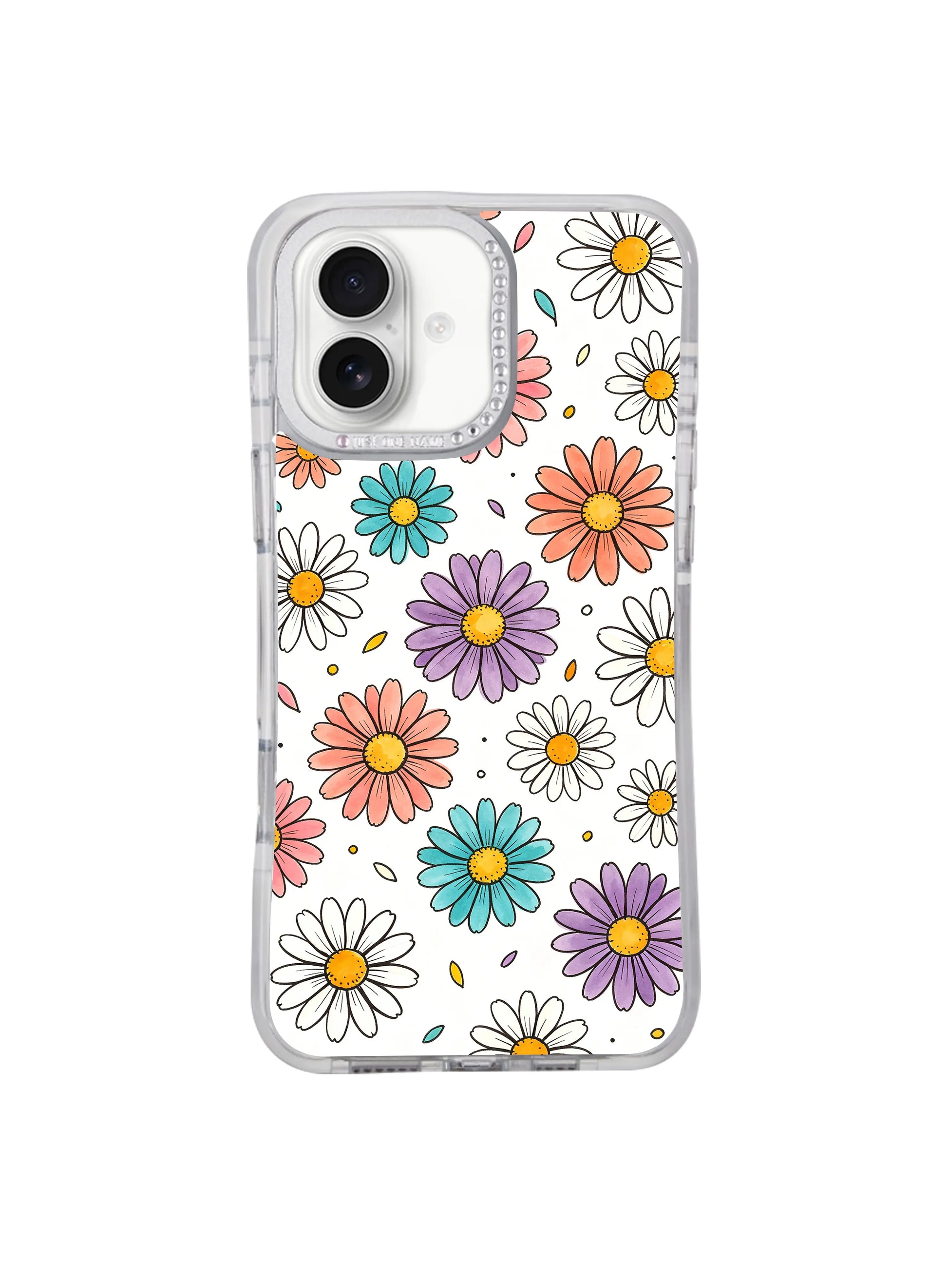 Color Daisy Rain lightweight vibrant floral iPhone 17 casing from PhoneCasing, scattered falling multicolor daisy rain print on crisp clean white backdrop, original Solea Meadow bright joyful airy artwork hero shot for iPhone 17.