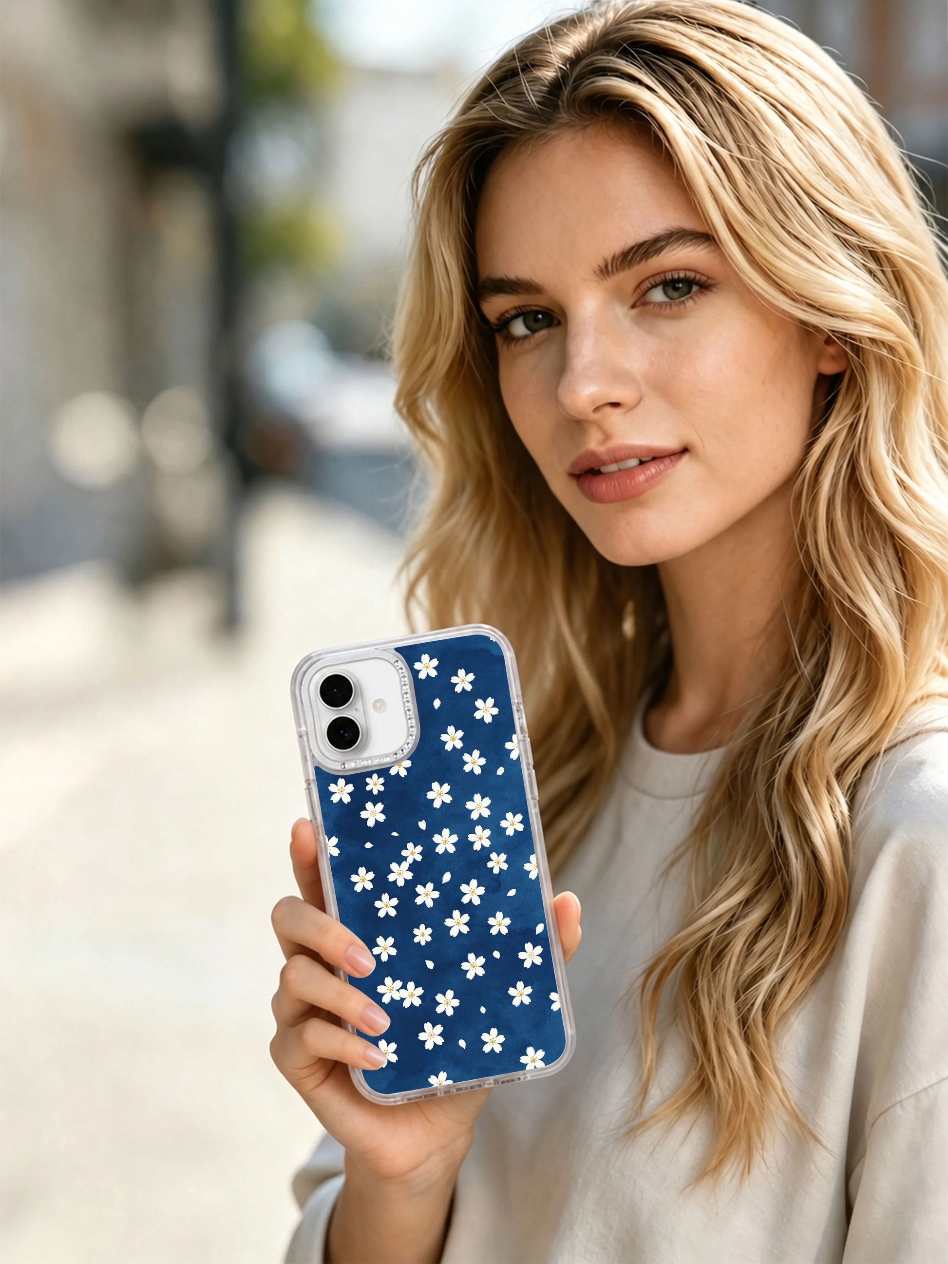 Neutral cool calm minimalist women’s everyday accessory Deep Sea Little Daisies iPhone 17 casing, unbusy soft floating white flower design lightweight PhoneCasing protective cover for iPhone