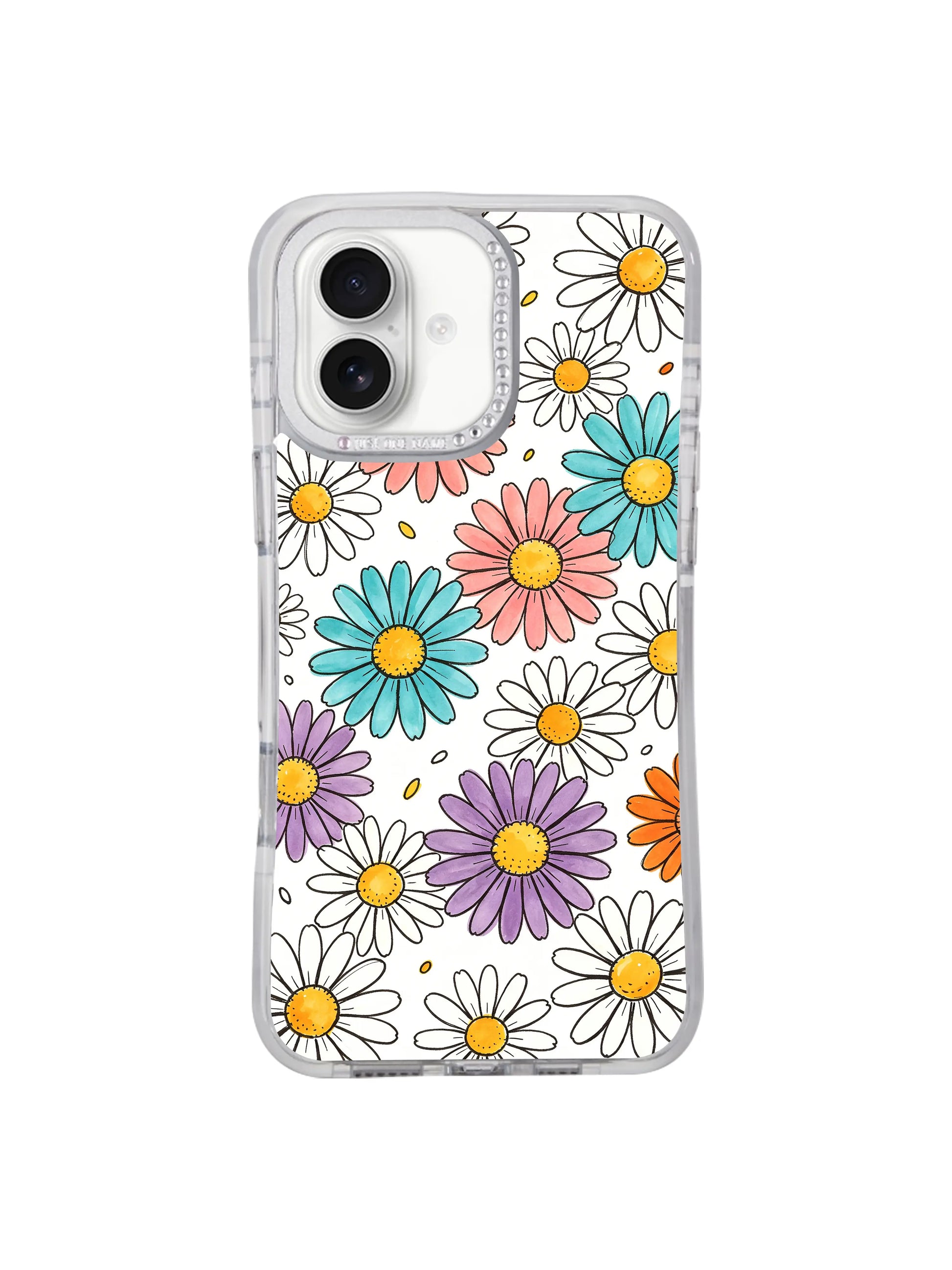 Macro closeup smooth crisp white paper grain texture of Color Daisy Rain iPhone 17 casing, loose hand-drawn floating colorful daisy illustration exclusive wearable art from PhoneCasing for iPhone 17 users.