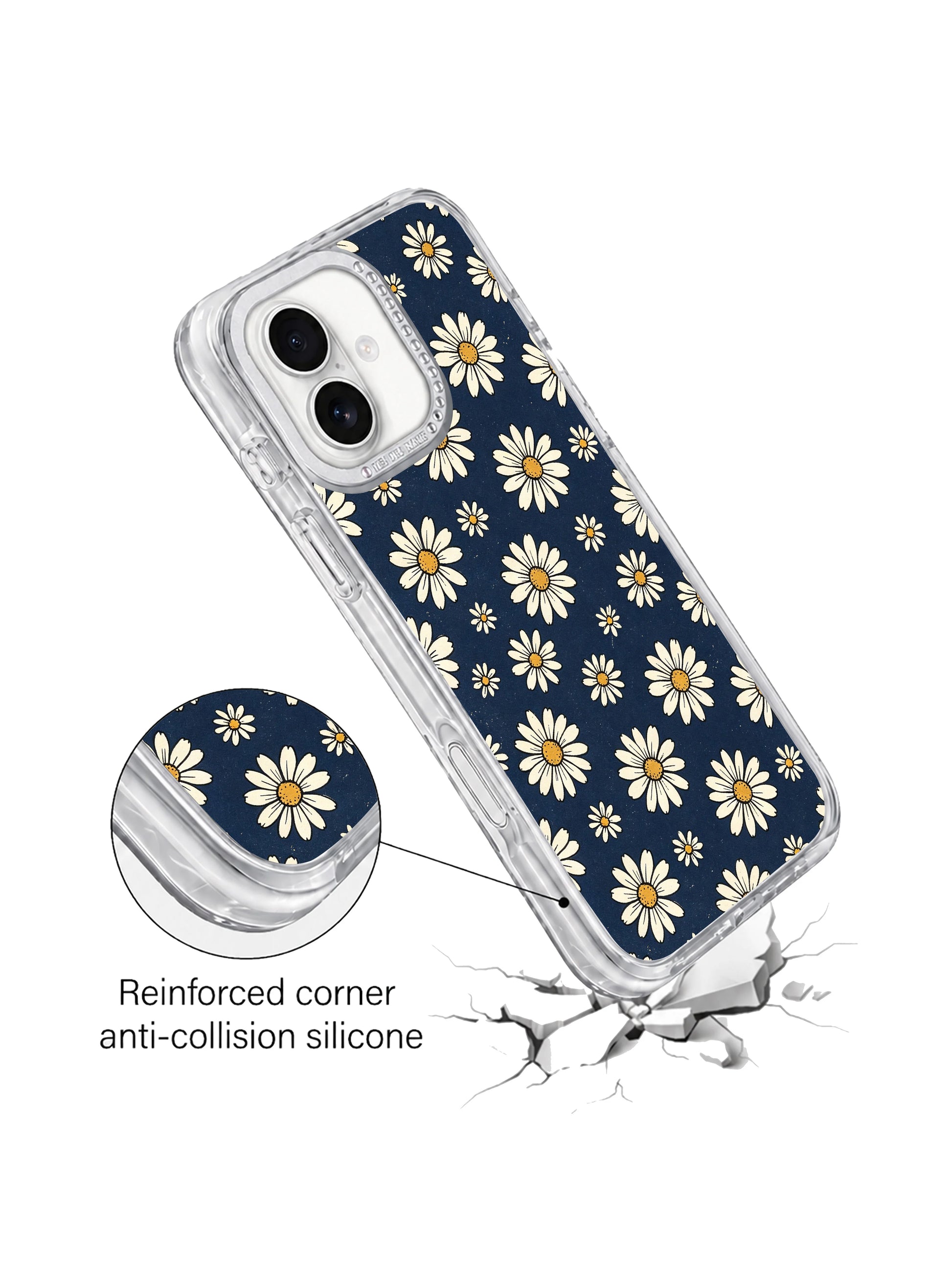 Dual angle spec comparison shot crystal rhinestone lens trim Retro Navy Daisy Wallpaper iPhone 17 casing, raised camera guard secure PhoneCasing shell compatible with iPhone 17.
