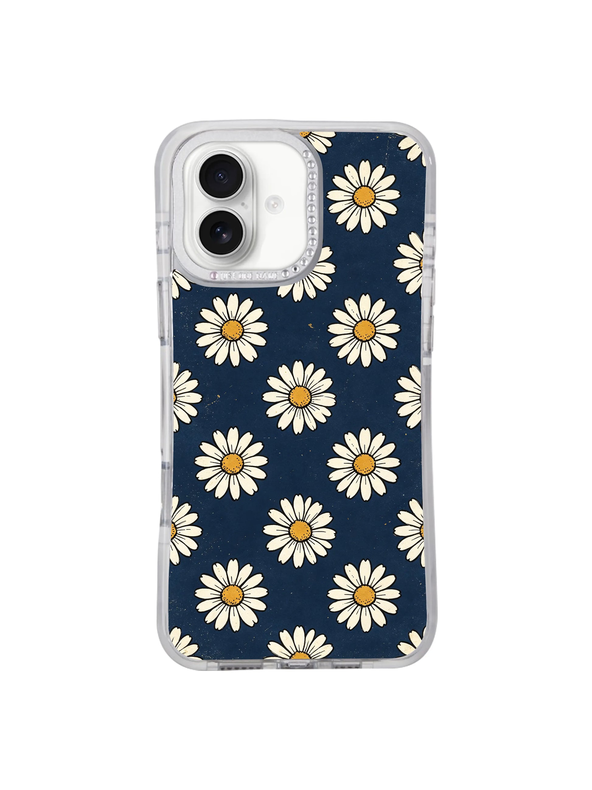 Macro crystal rhinestone camera lens trim detail on Retro Navy Daisy Wallpaper iPhone 17 casing, elevated lens protective design premium PhoneCasing cover for iPhone 17.