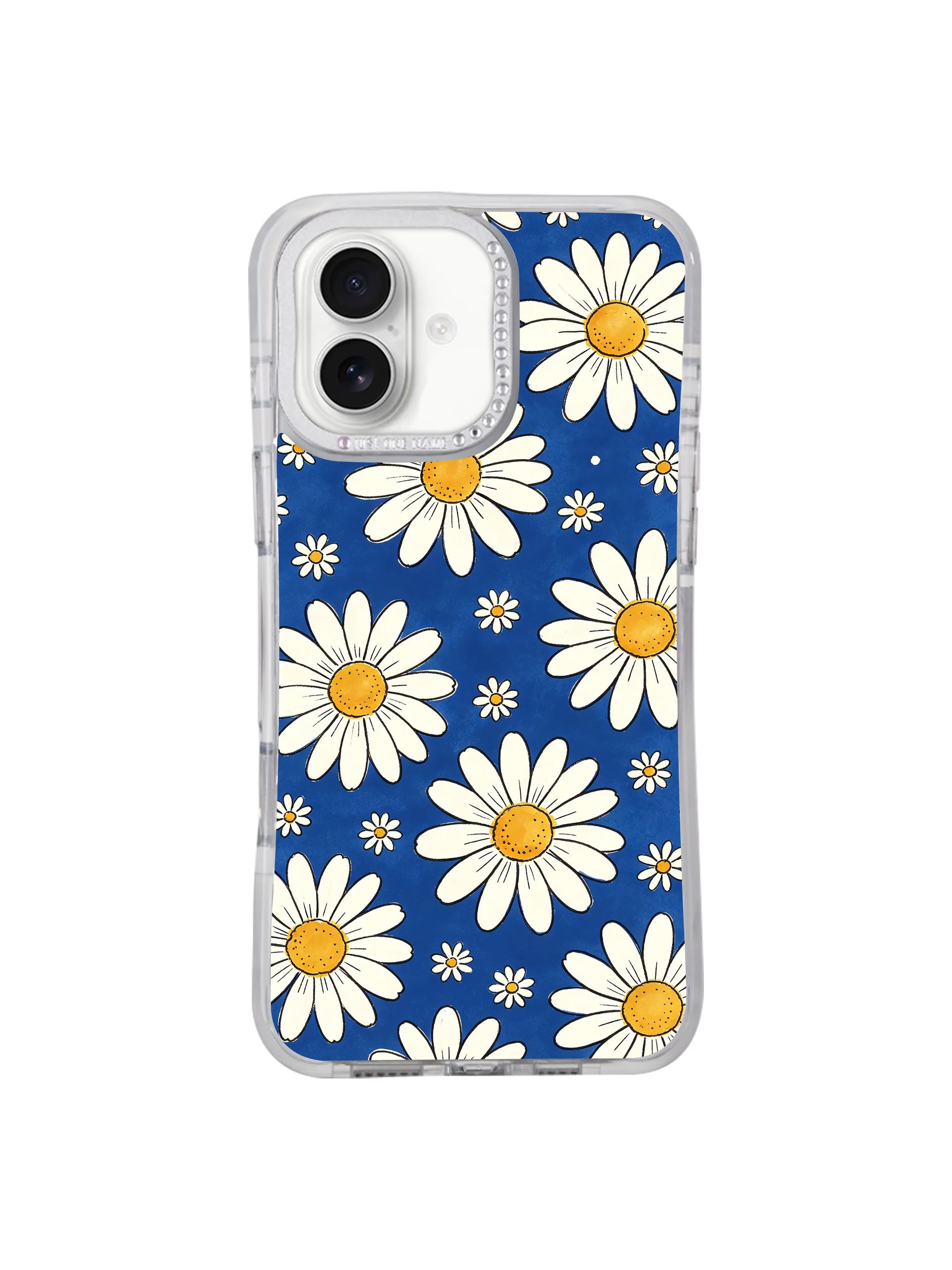 Macro shot crystal rhinestone raised camera lens trim detail on Blue Big Small Daisy Rhythm iPhone 17 casing, scratch-resistant premium protective PhoneCasing shell compatible with iPhone 17.