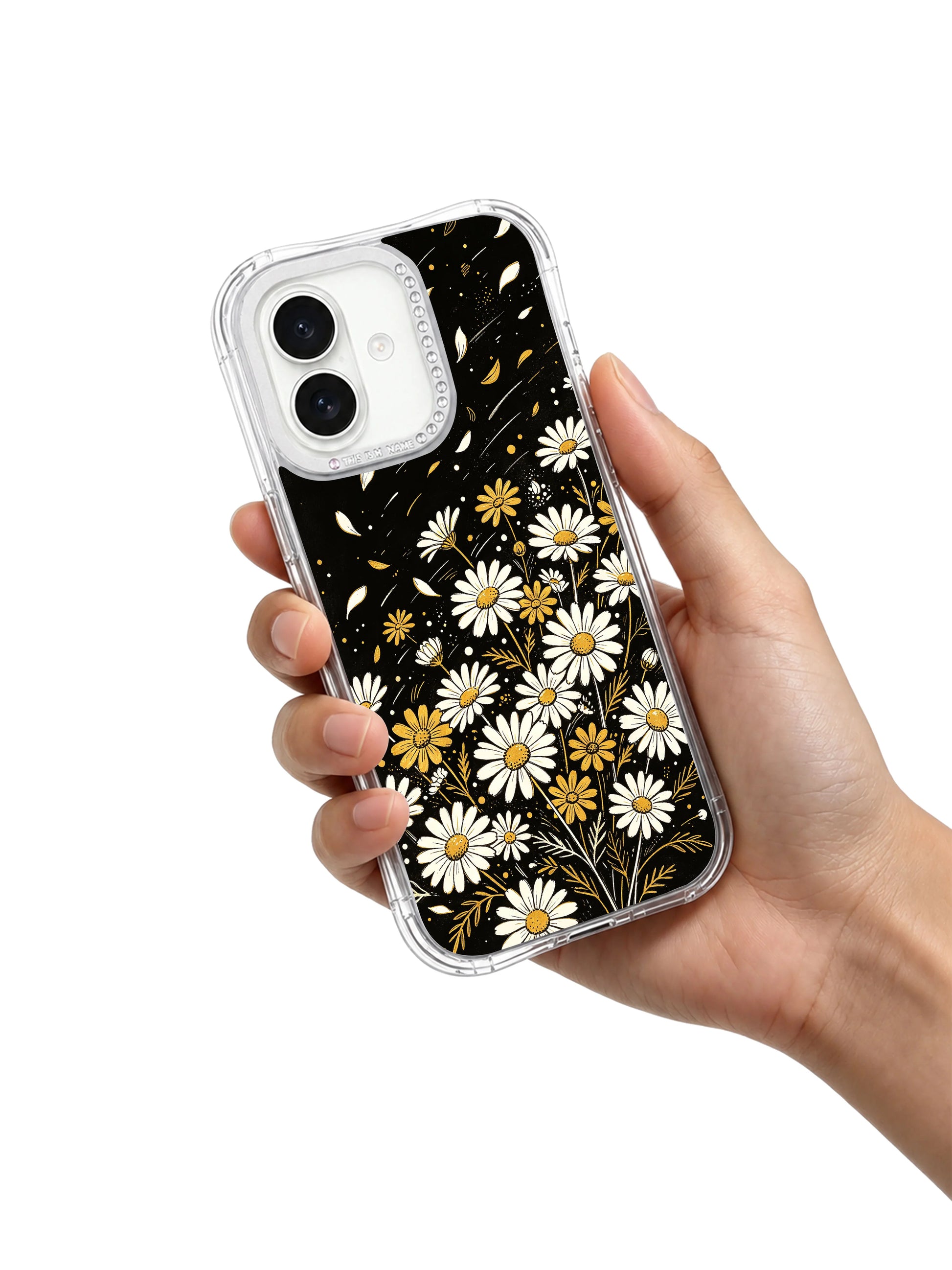 Macro shot crystal rhinestone raised protective camera lens trim detail on Night Bloom Dots iPhone 17 casing, scratch-resistant premium PhoneCasing shell fully compatible with iPhone 17.