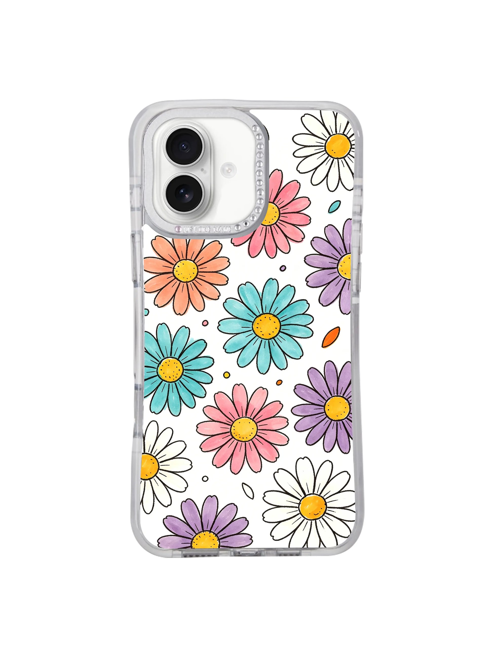 Macro shot crystal rhinestone raised scratch-proof camera lens trim detail on Color Daisy Rain iPhone 17 casing, premium transparent PhoneCasing shell fully compatible with iPhone 17 wireless charging.