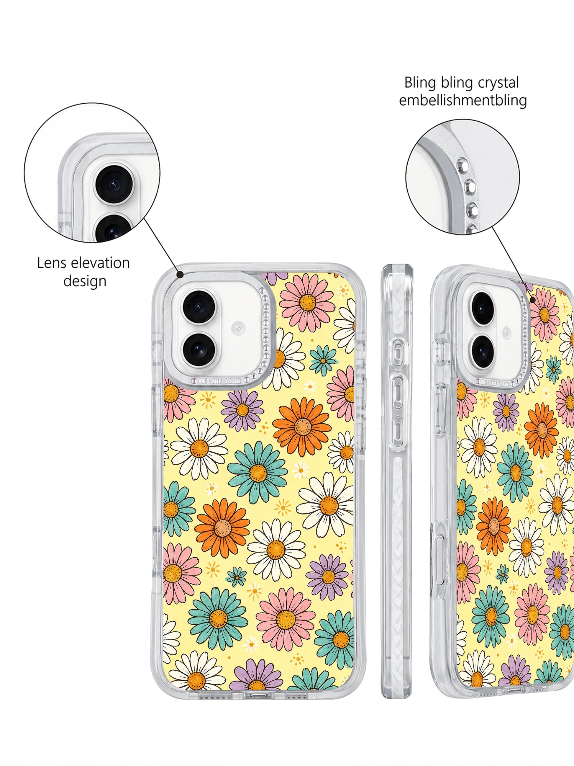 Macro shot crystal rhinestone raised camera lens trim detail on Buttercream Color Bloom iPhone 17 casing, scratch-resistant premium protective PhoneCasing shell compatible with iPhone 17