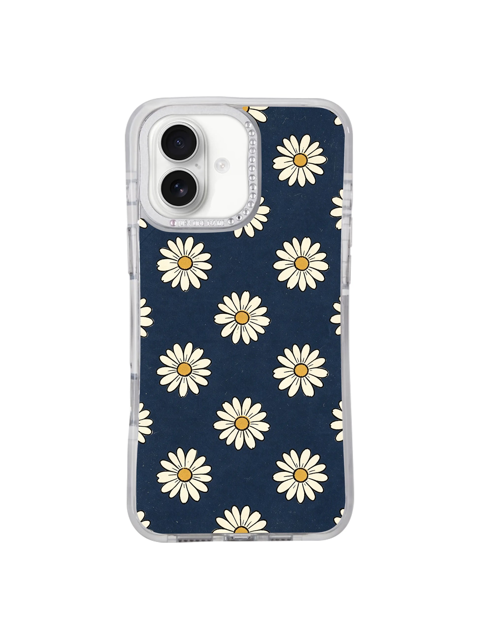 3D split angled display Retro Navy Daisy Wallpaper protective iPhone 17 casing by PhoneCasing, clear transparent hourglass frame with classic old curtain daisy pattern compatible with iPhone 17.