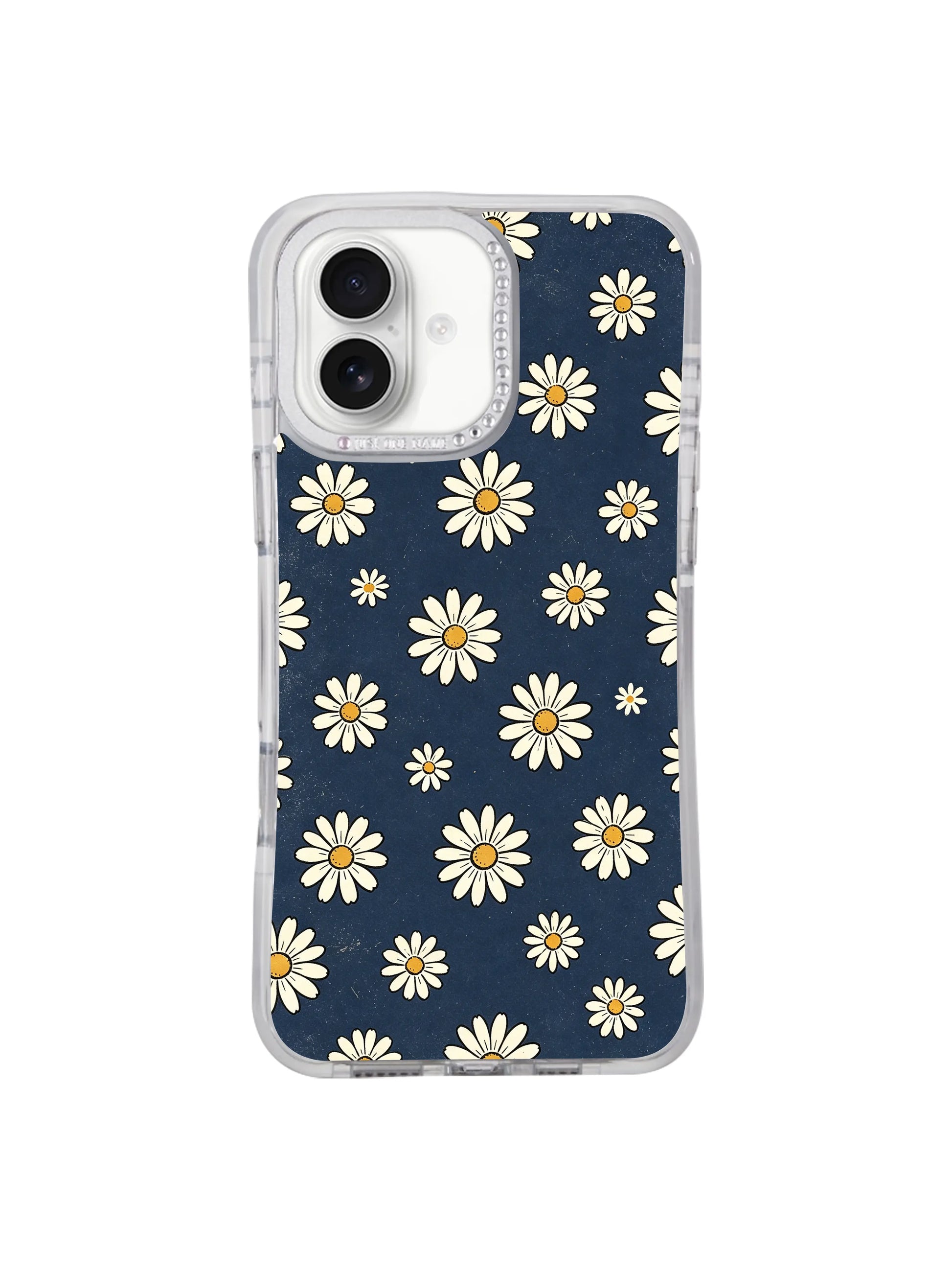 Full flat lay seamless dense navy ivory daisy Retro Navy Daisy Wallpaper iPhone 17 casing, warm golden flower center balanced dark floral design sold by PhoneCasing for iPhone 17.