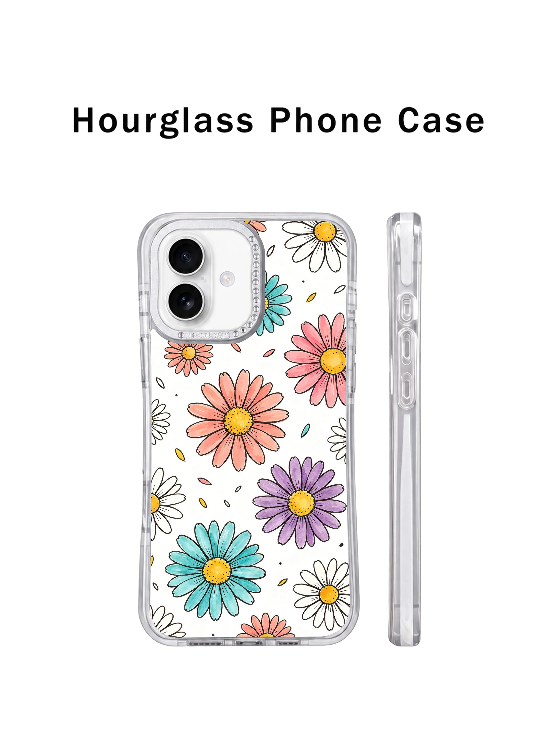 Dual angle spec comparison crystal rhinestone camera rim Color Daisy Rain iPhone 17 casing, elevated lens guard secure slim transparent PhoneCasing cover built for iPhone 17.