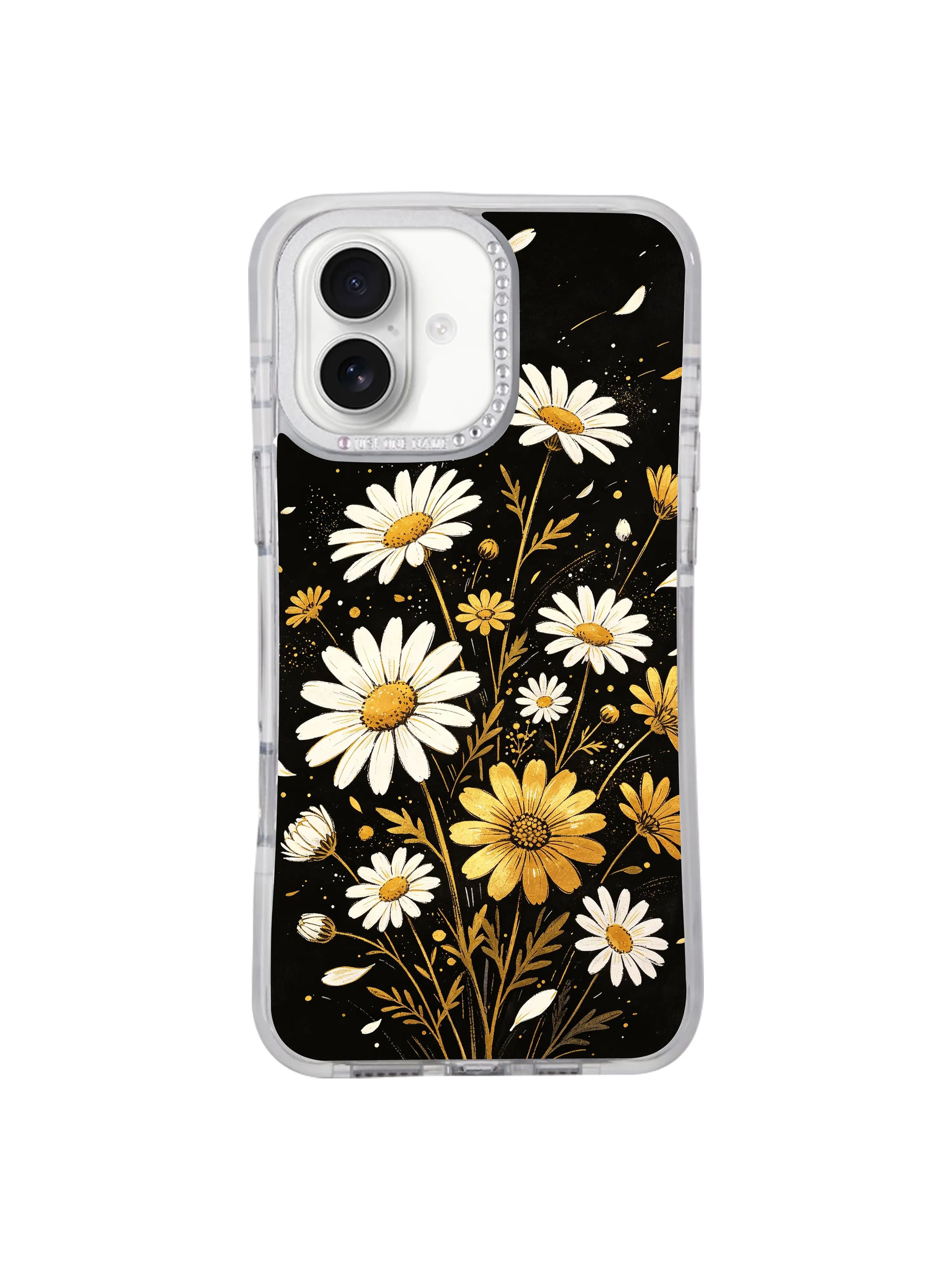 Sophisticated gift-ready edgy chic Night Bloom Dots iPhone 17 casing, bold mysterious confident dark daisy design premium shockproof PhoneCasing shell for iPhone 17.