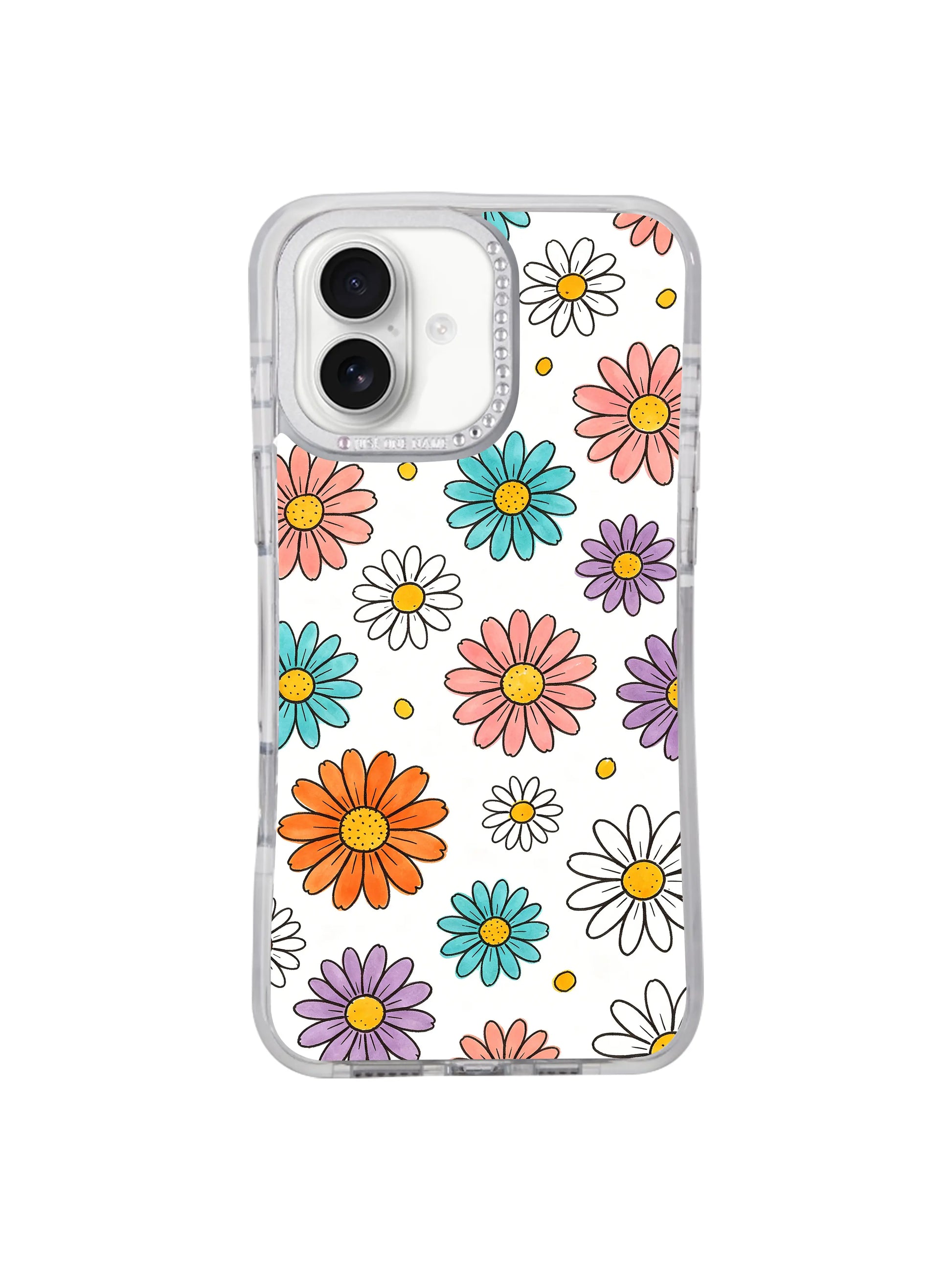Pattern detail closeup loose floating large colorful daisies mixed with mini white daisies & tiny scattered petals Color Daisy Rain iPhone 17 casing, bright airy joyful style illustrated by Solea Meadow for PhoneCasing iPhone 17.