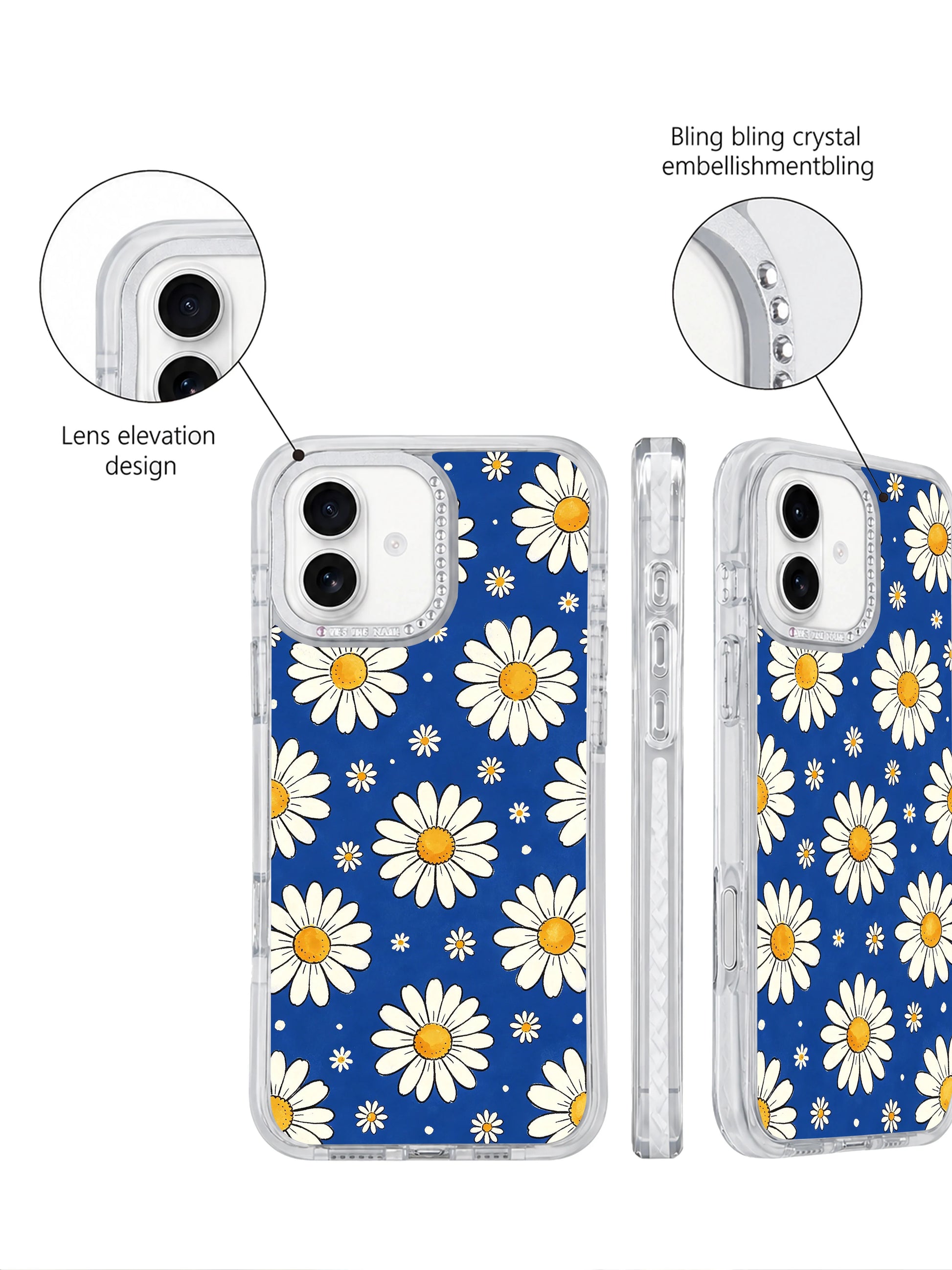 Free-spirited confident casual women’s daily accessory Blue Big Small Daisy Rhythm iPhone 17 casing, lively alternating large tiny daisy lightweight PhoneCasing protective cover for iPhone 17.