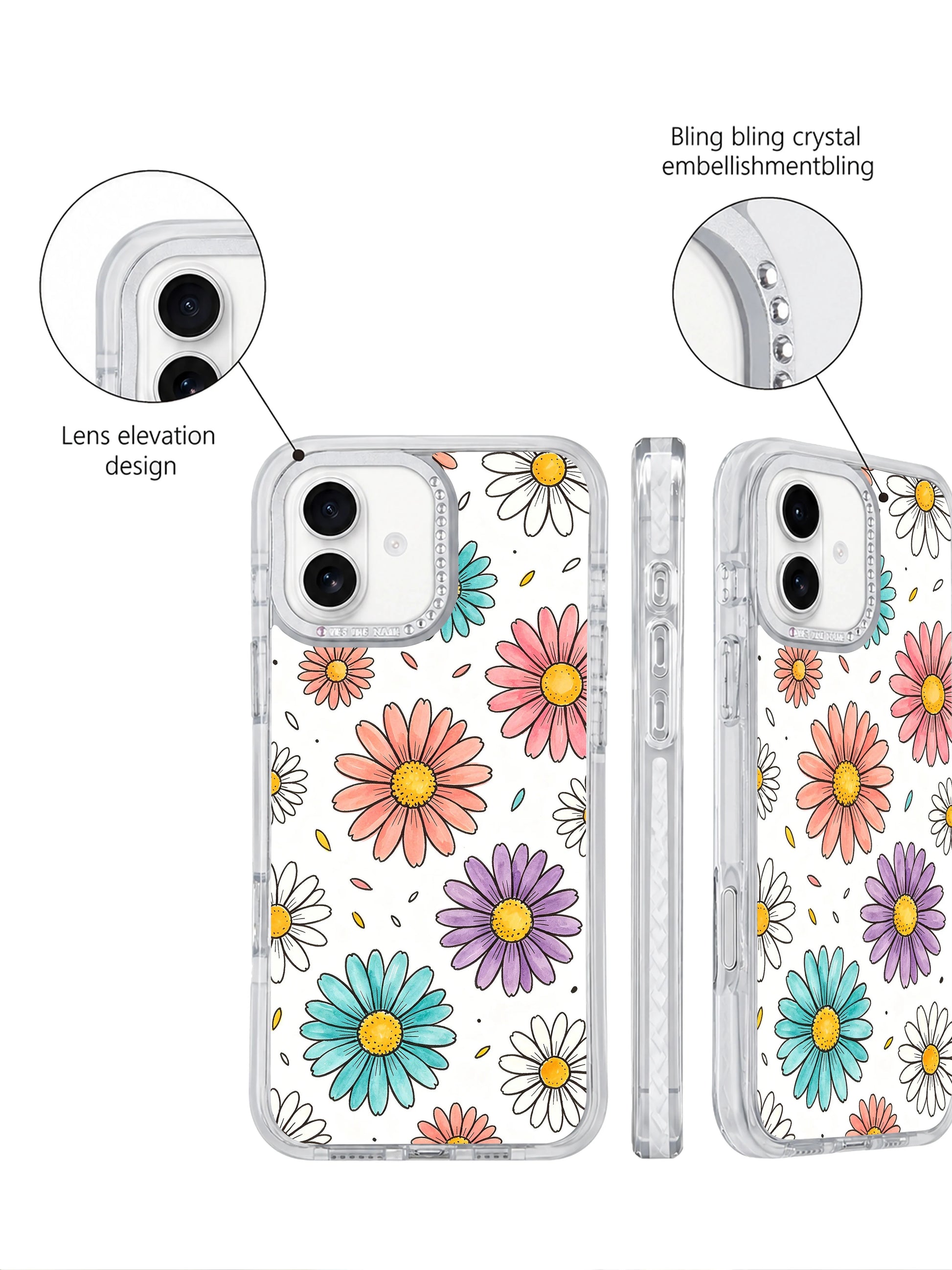 Free-spirited light cheerful women’s spring everyday accessory Color Daisy Rain iPhone 17 casing, airy scattered rainbow daisy lightweight transparent PhoneCasing protective cover for iPhone 17.