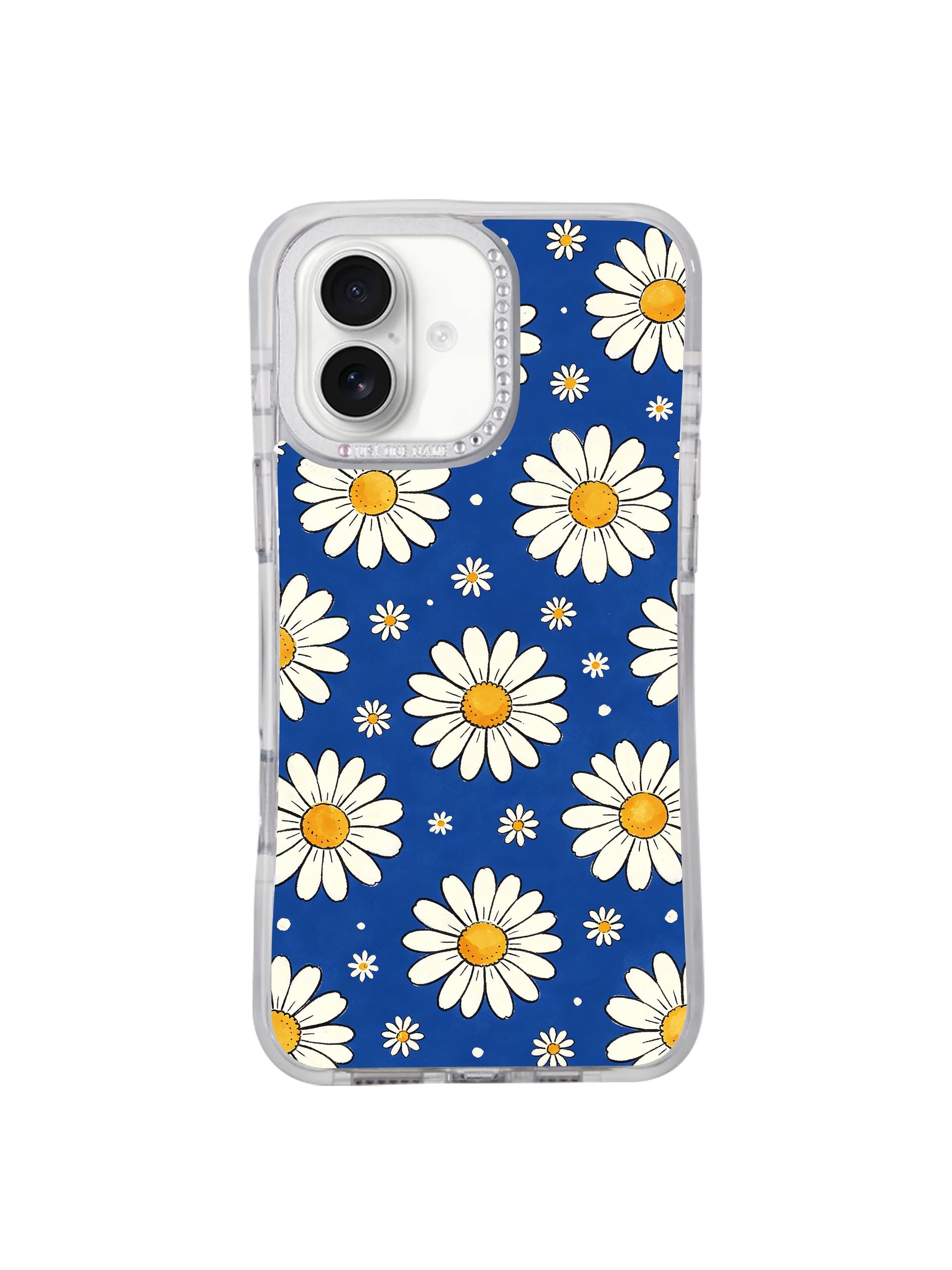 Full surface balanced alternating big & small daisy Blue Big Small Daisy Rhythm print iPhone 17 casing, clean classic sapphire blue base upbeat rhythmic design developed by PhoneCasing for iPhone 17.