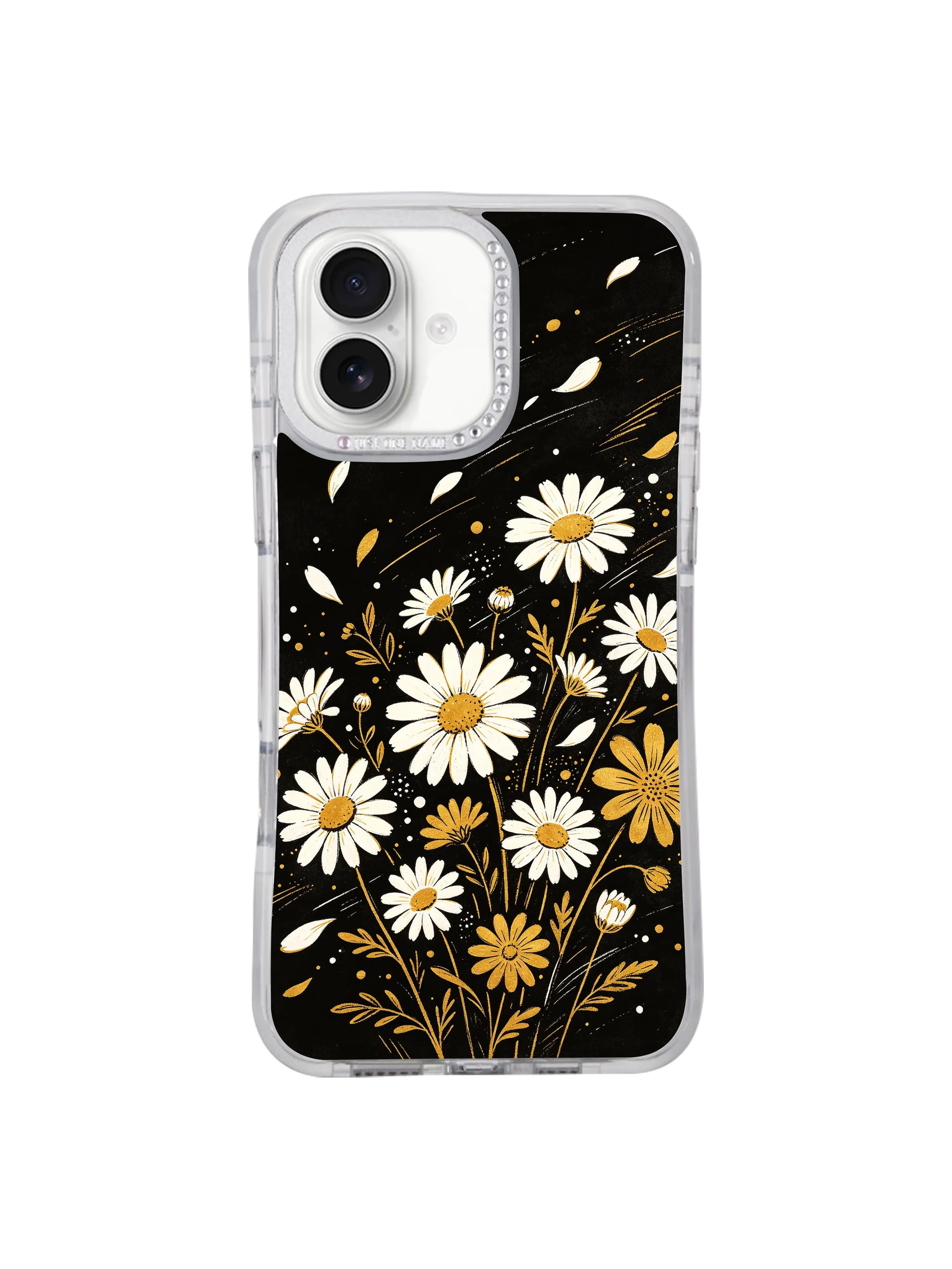 Full surface solid black base contrasting ivory & golden daisy Night Bloom Dots print iPhone 17 casing, sleek cool mysterious design developed by PhoneCasing for iPhone 17.