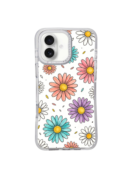 Full surface crisp clean white base scattered floating pastel daisy Color Daisy Rain print iPhone 17 casing, light uplifting surprise-inspired design developed by PhoneCasing for iPhone 17.