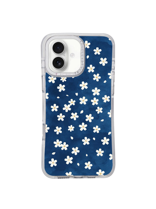 Full surface uncluttered sparse floating white daisy Deep Sea Little Daisies print iPhone 17 casing, clean quiet deep ocean blue base minimalist design developed by PhoneCasing for iPhone 17