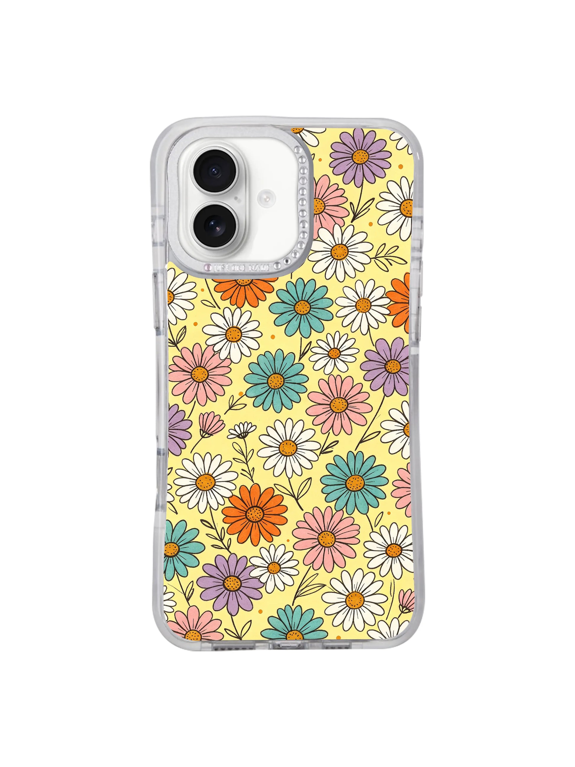 Full surface uncluttered joyful multicolor daisy Buttercream Color Bloom print iPhone 17 casing, soft warm creamy yellow base optimistic spring design developed by PhoneCasing for iPhone