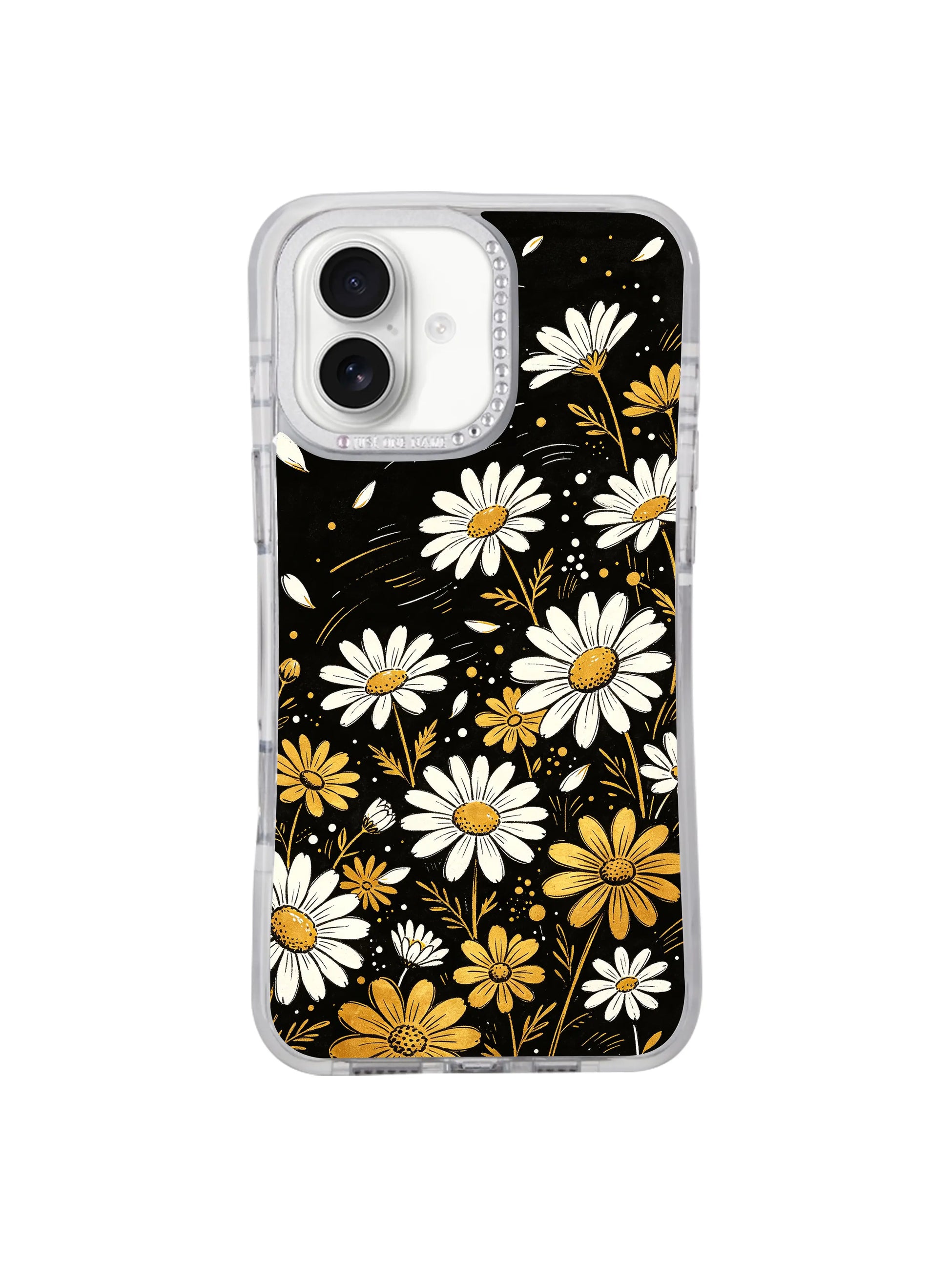 Hand drawn moody dark background loose night daisy artwork iPhone 17 casing, Night Bloom Dots mysterious confident edgy visual limited Solea Meadow fine art from PhoneCasing iPhone 17 range.