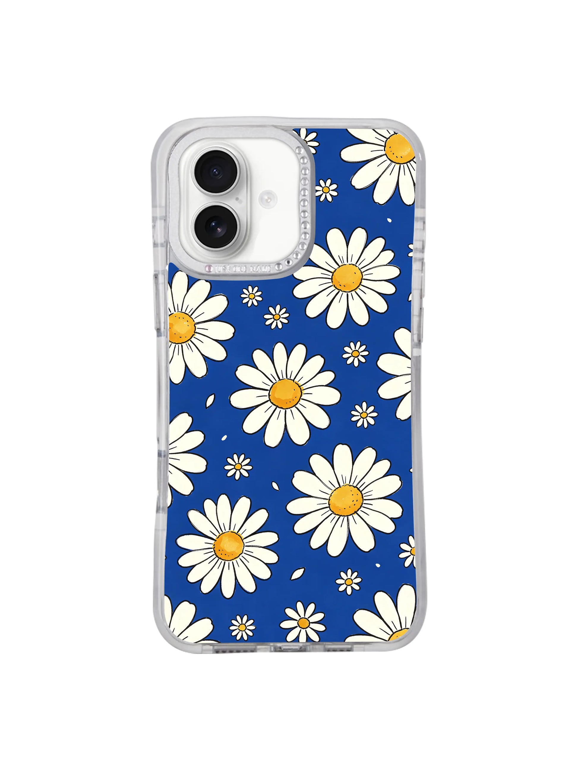 Hand sketched watercolor rhythmic dual-size daisy artwork iPhone 17 casing, Blue Big Small Daisy Rhythm confident easygoing casual visual limited Solea Meadow art from PhoneCasing iPhone 17 range.