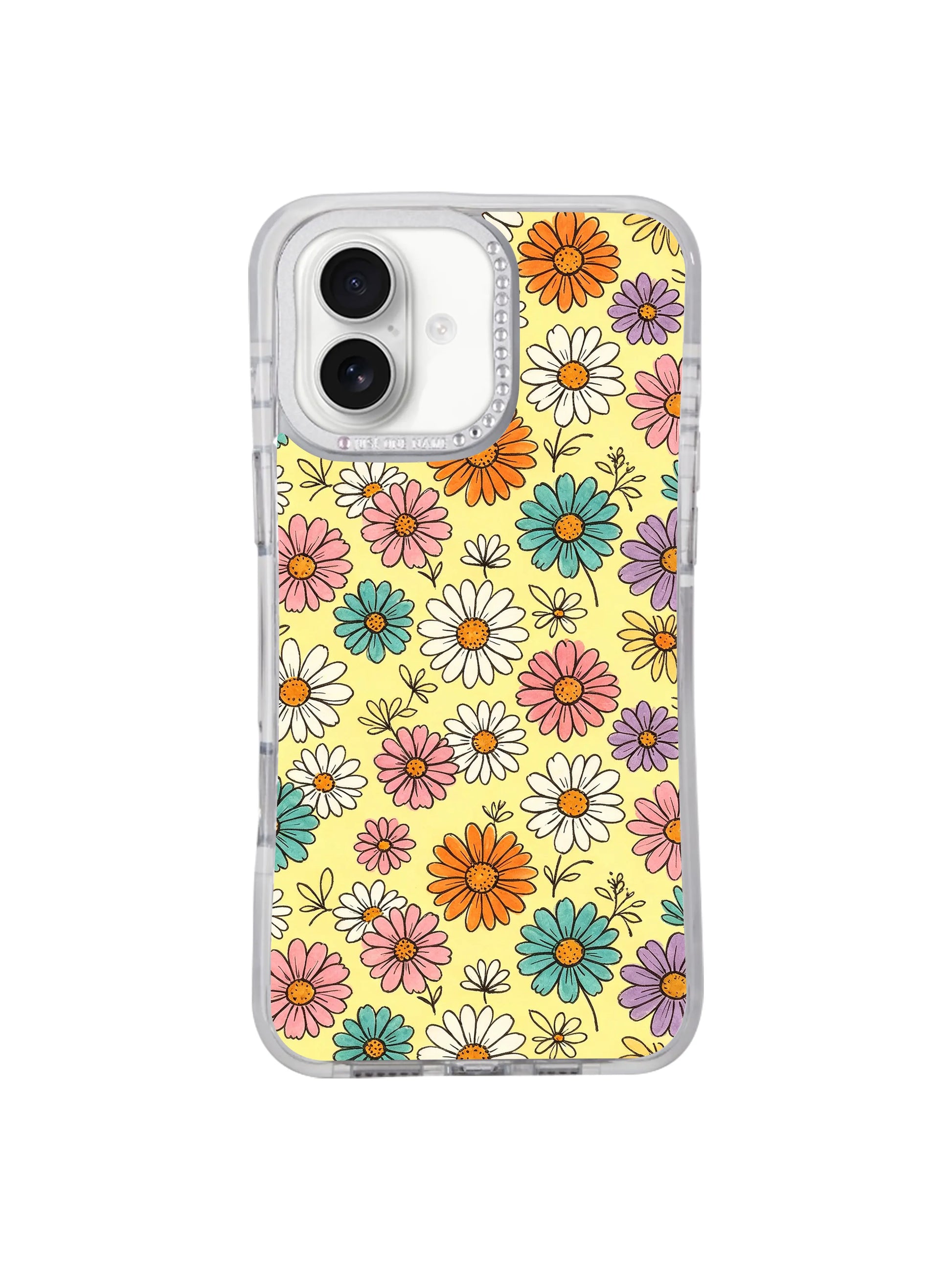 Hand sketched spring market fabric inspired multicolor daisy artwork iPhone 17 casing, Buttercream Color Bloom warm uplifting hopeful visual limited Solea Meadow art from PhoneCasing iPhone 17 range.