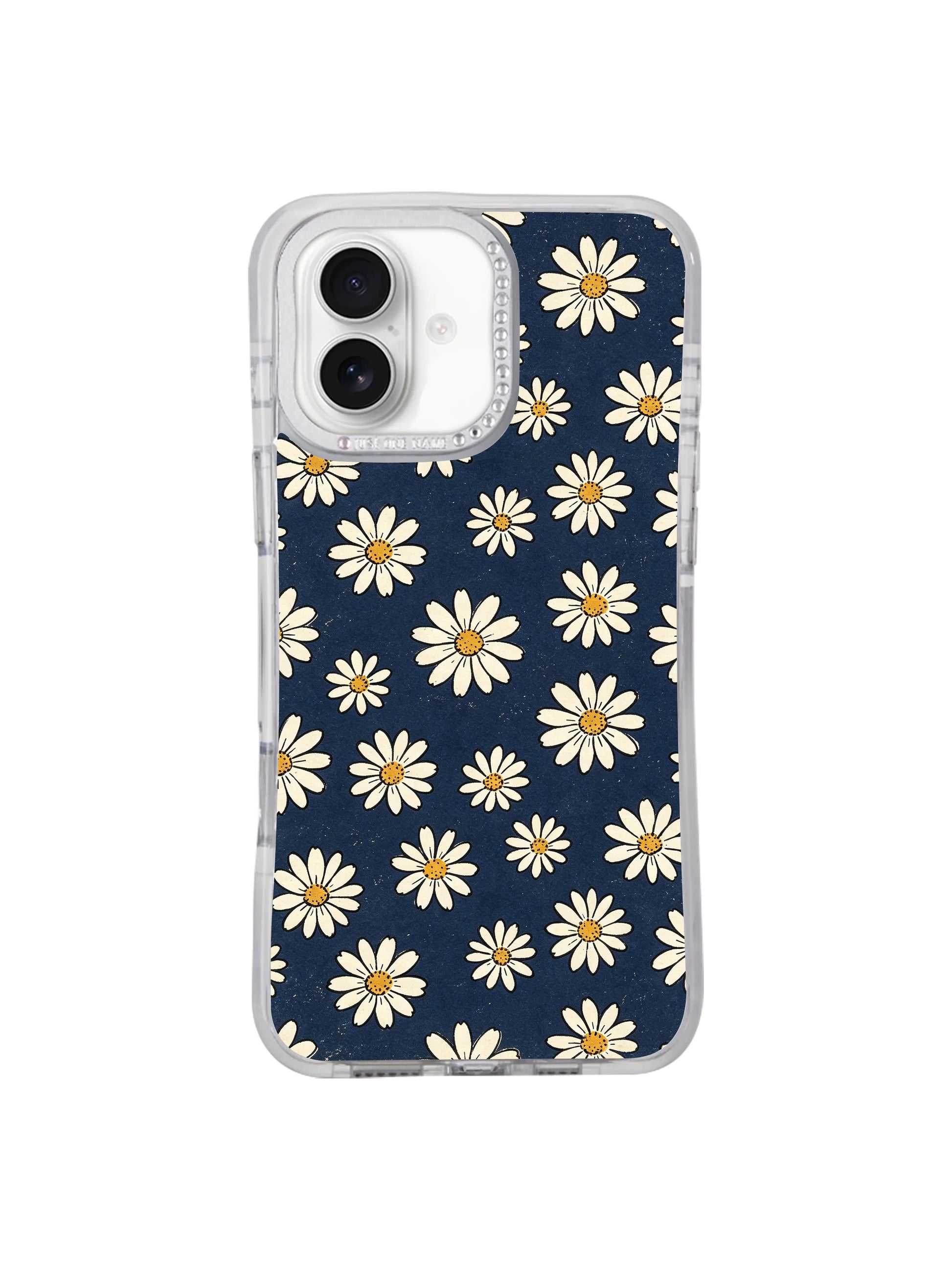 Outdoor lifestyle handheld shot Retro Navy Daisy Wallpaper iPhone 17 casing from PhoneCasing, mature calm vintage daisy accessory held by model for daily iPhone 17 use.