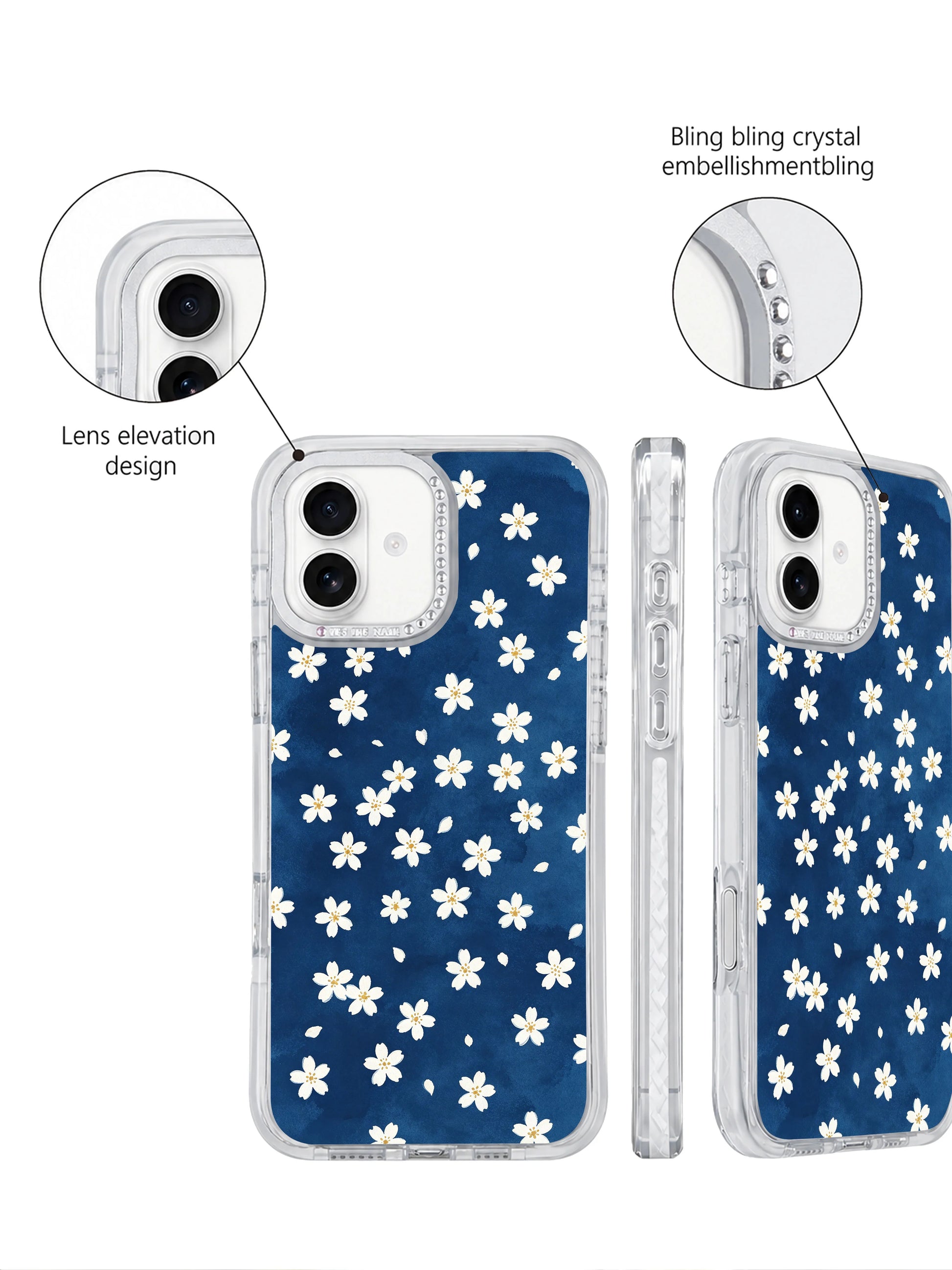 High contrast deep ocean blue & soft ivory tiny daisy full print Deep Sea Little Daisies iPhone 17 casing, restrained serene minimalist floral scratch-proof PhoneCasing shell for iPhone 17.