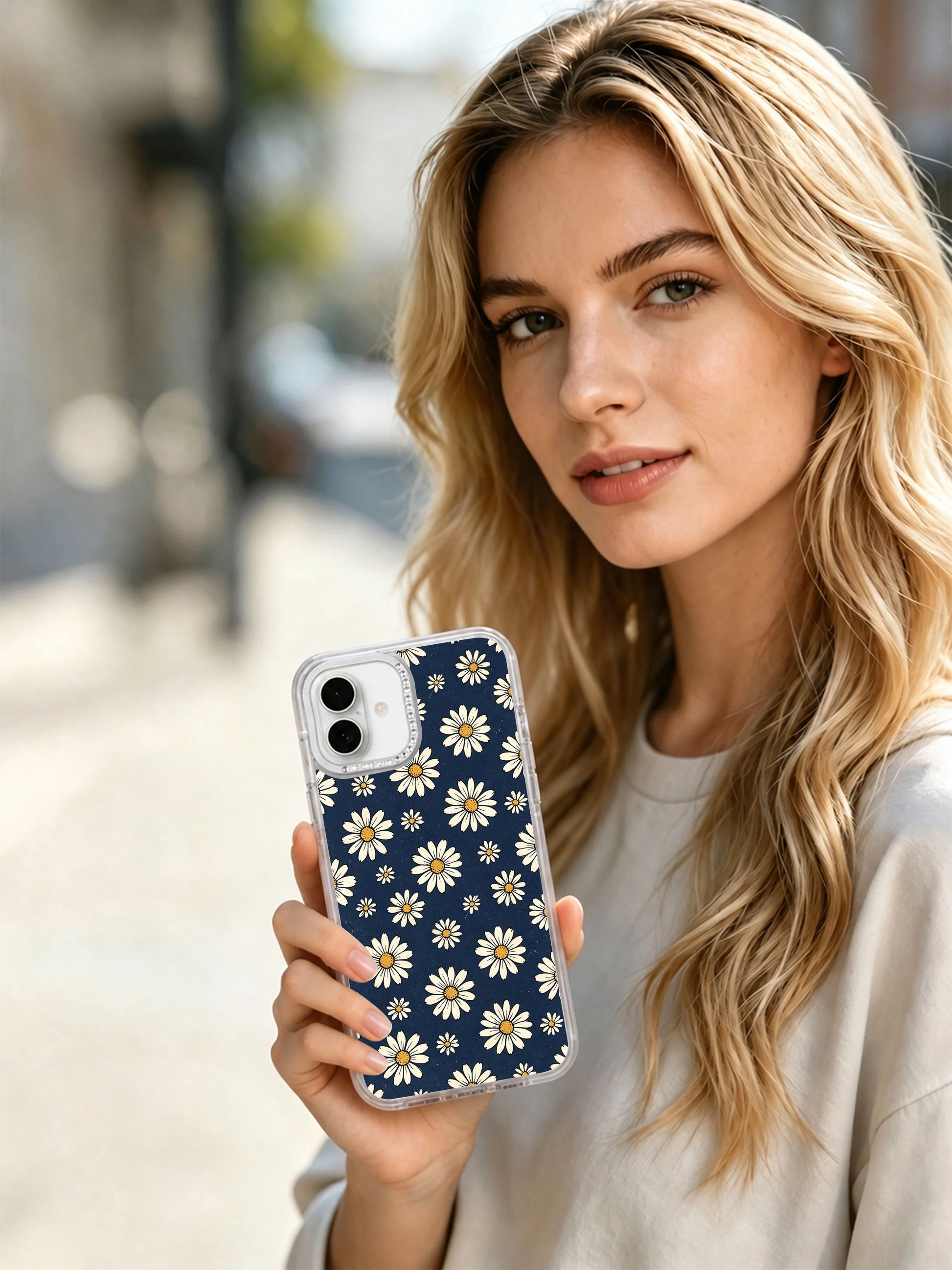 High contrast deep navy and ivory white full print Retro Navy Daisy Wallpaper iPhone 17 casing, classic refreshed retro floral aesthetic durable scratch-proof PhoneCasing shell for iPhone 17.