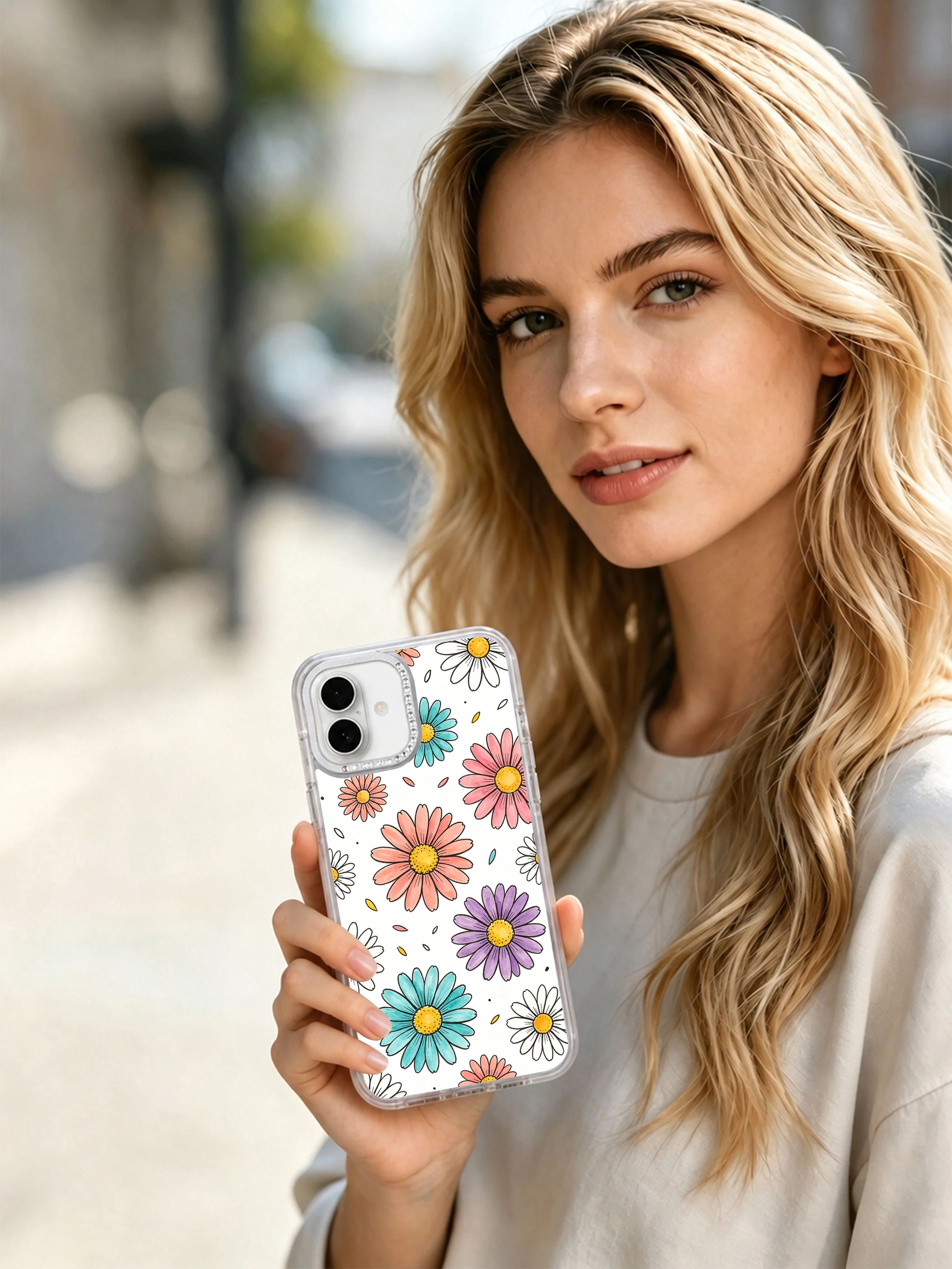 High contrast crisp pure white & soft vibrant multi pastel floating daisy full print Color Daisy Rain iPhone 17 casing, light uplifting airy scratch-proof floral PhoneCasing shell for iPhone 17.