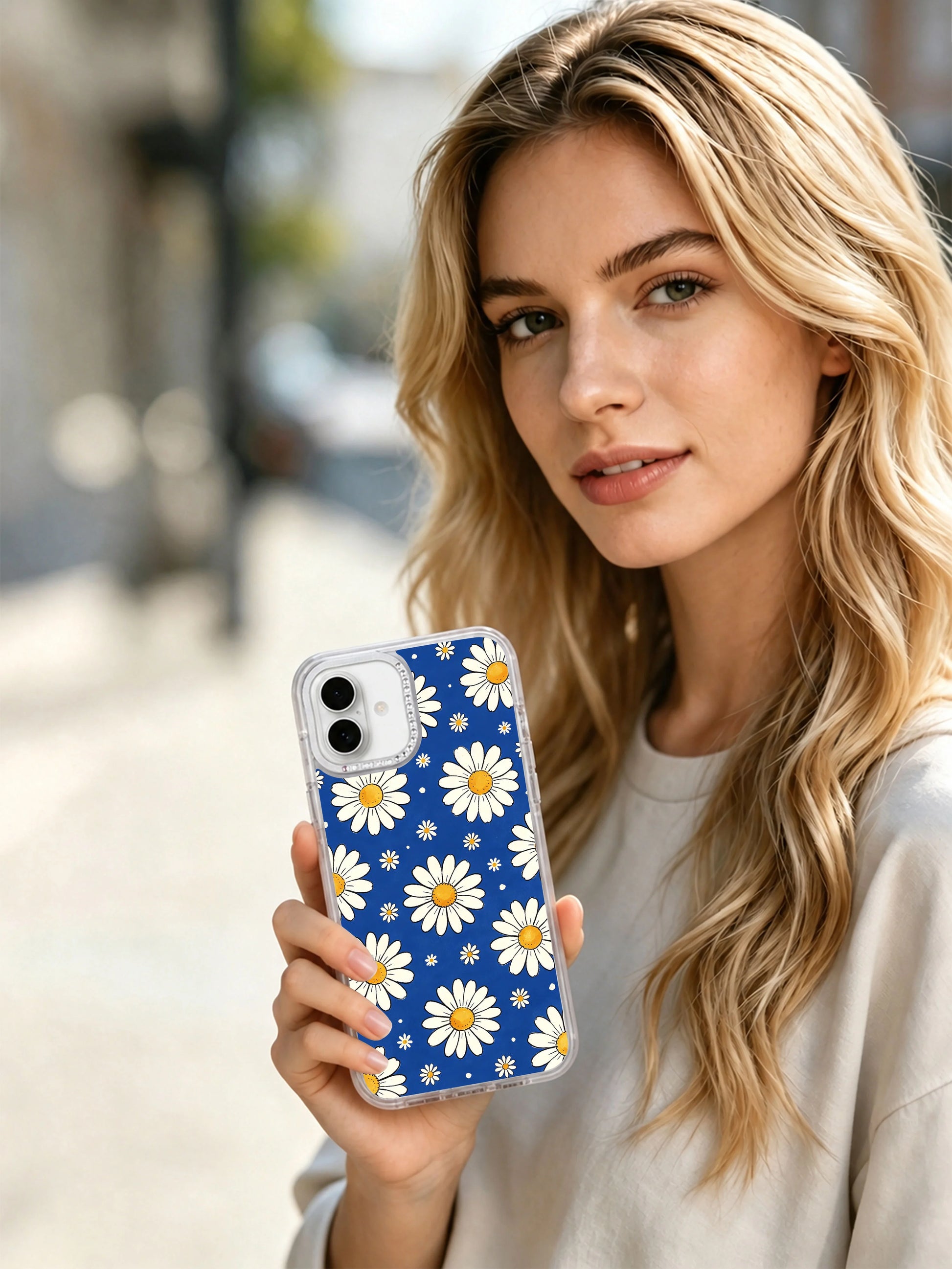 High contrast rich sapphire blue & soft ivory dual-size alternating daisy full print Blue Big Small Daisy Rhythm iPhone 17 casing, upbeat balanced rhythmic floral scratch-proof PhoneCasing shell for iPhone 17.